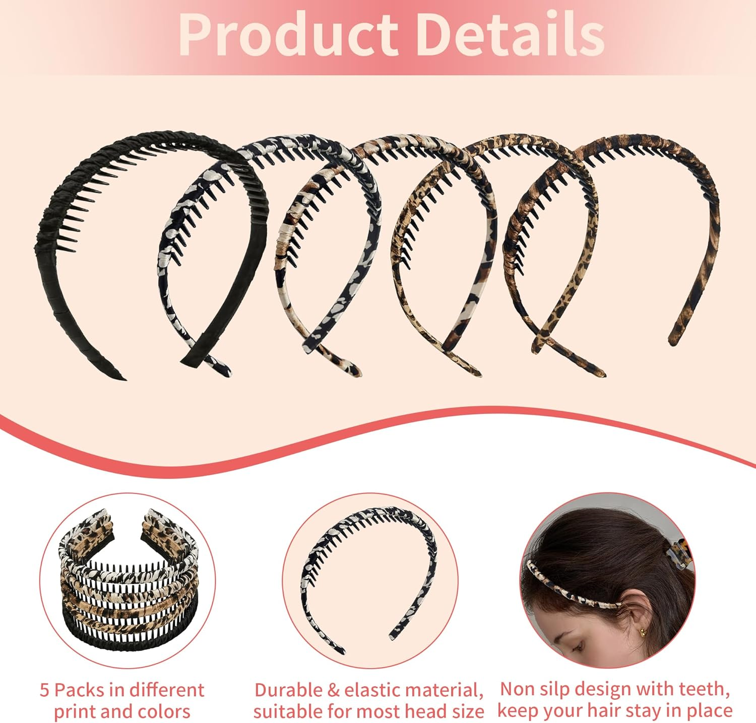 Pack of 5 Hair Bands for Girls and Women, Plastic Headbands with Teeth Comb Thin, Fashion Elasticity, Non-Slip Hair Bands with Leopard Print, Plain Headband, Hair Accessories image number 5