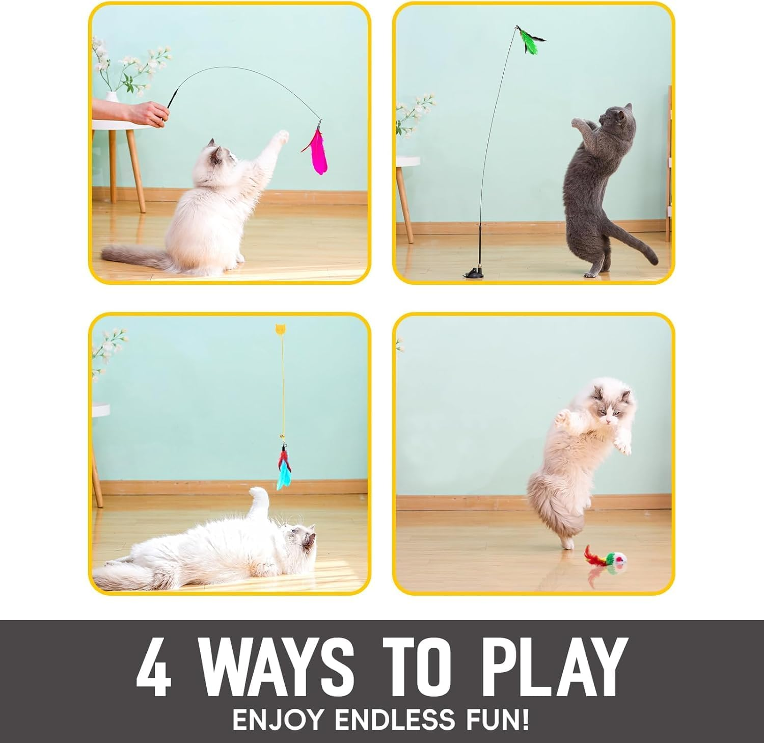 4-In-1 Interactive Cat Toys Set - Feather, String, Stick & Cat Wand Toys with 15 Replaceable Attachments for Indoor Kitten (Includes Super Suction Cup & Hanging Door Toy) image number 4
