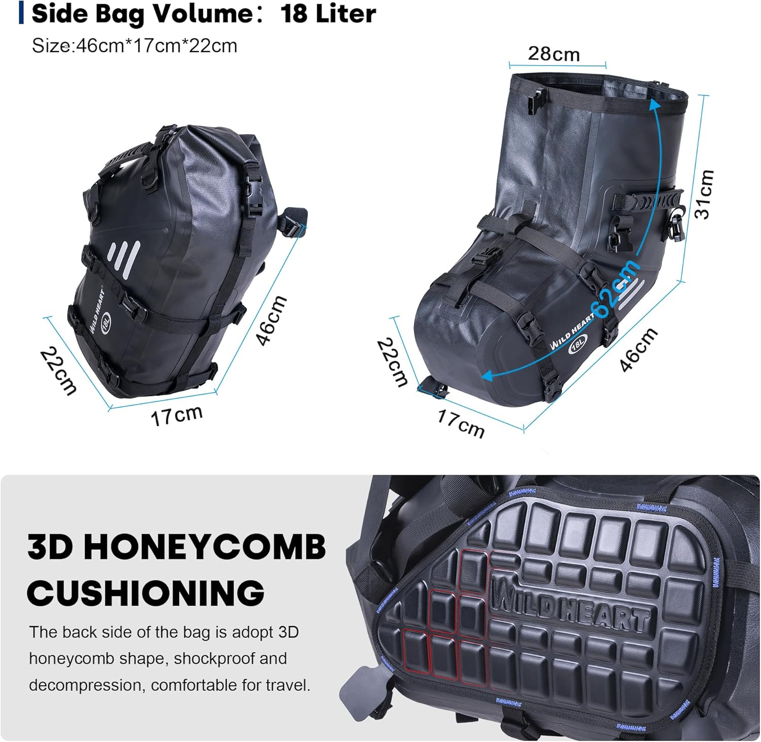WILD HEART Motorcycle Saddlebags Waterproof 36L (18L*2) Motorcycle Side Saddlebags Pannier Bag Trunk Motorcycle Accessory (Black) image number 4