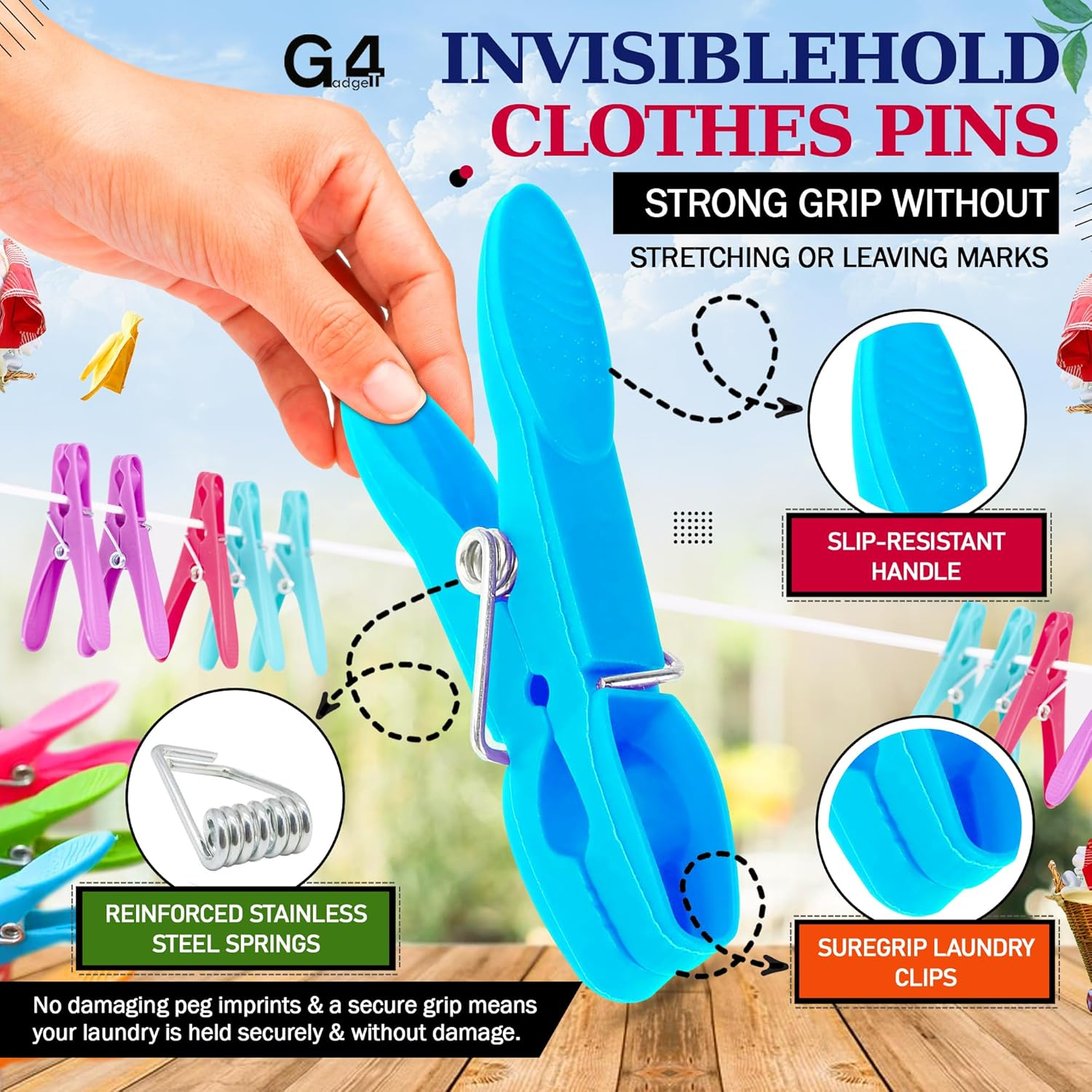 G4GADGET Clothes Pegs 24 Pack &ndash; Strong Grip Plastic Pegs for Washing Line, Durable Laundry Clips for Clothes, Rust-Resistant for Outdoor & Indoor Drying image number 6