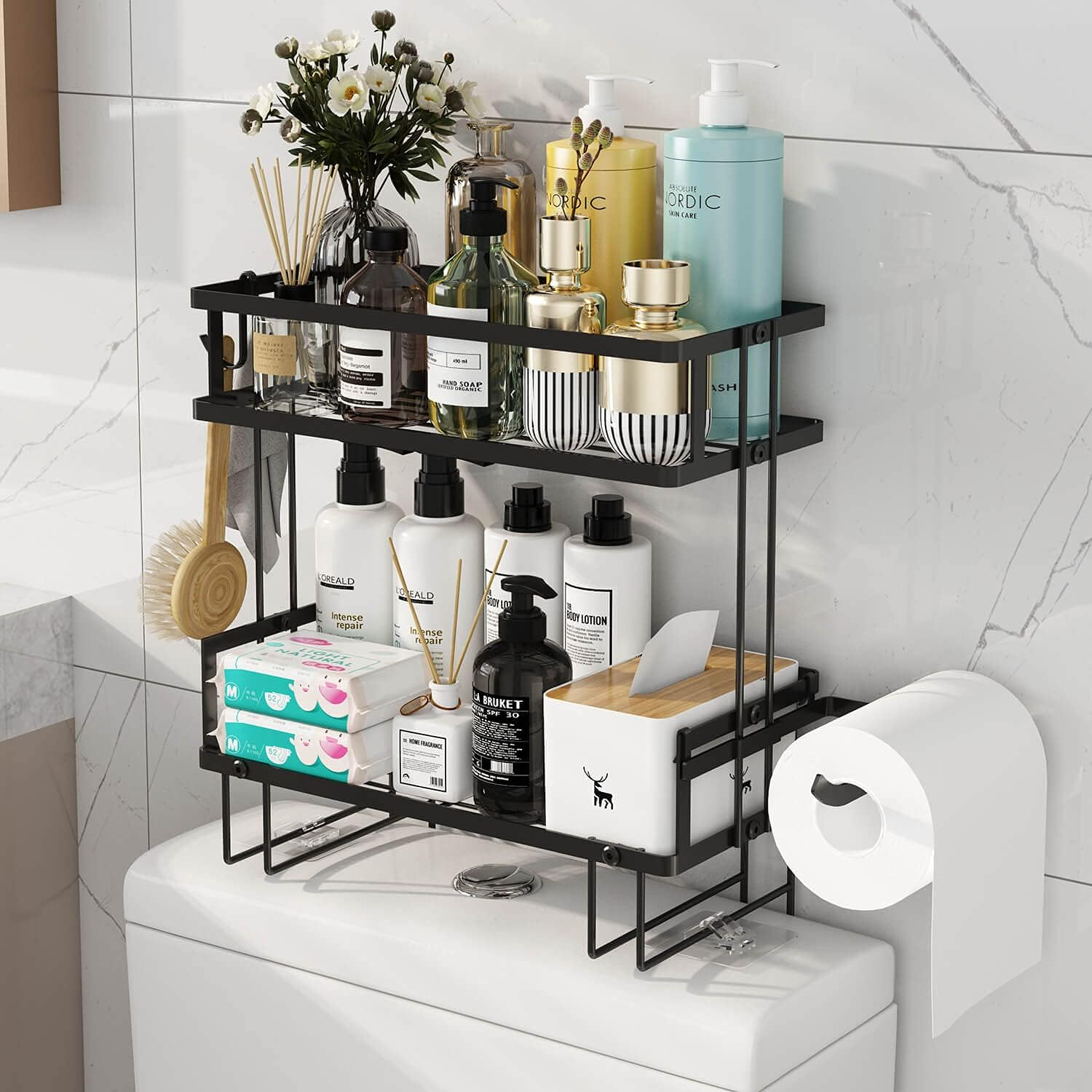 Godboat Bathroom Organizers, 2-Tier over Toilet Storage, Floating Shelves with 2 Hooks & Paper Holder, Wall Mounted Shelf Furniture, Cool Accessories & Decor, Gifts for Women, Mothers Day (Black) image number 1