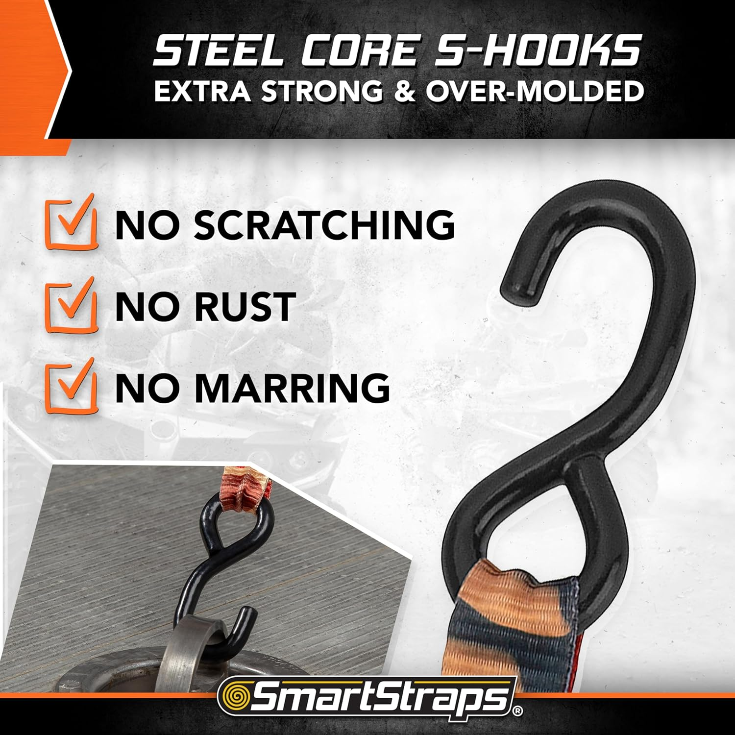 SMARTSTRAPS 14&rsquo; Camox Ratchet Straps, 4 Pack &ndash; 3,000Lbs Break Strength, 1,000Lbs Safe Work Load &ndash; Premium Duty Tie Downs for Heavier Loads, Orange Camo Webbing image number 6