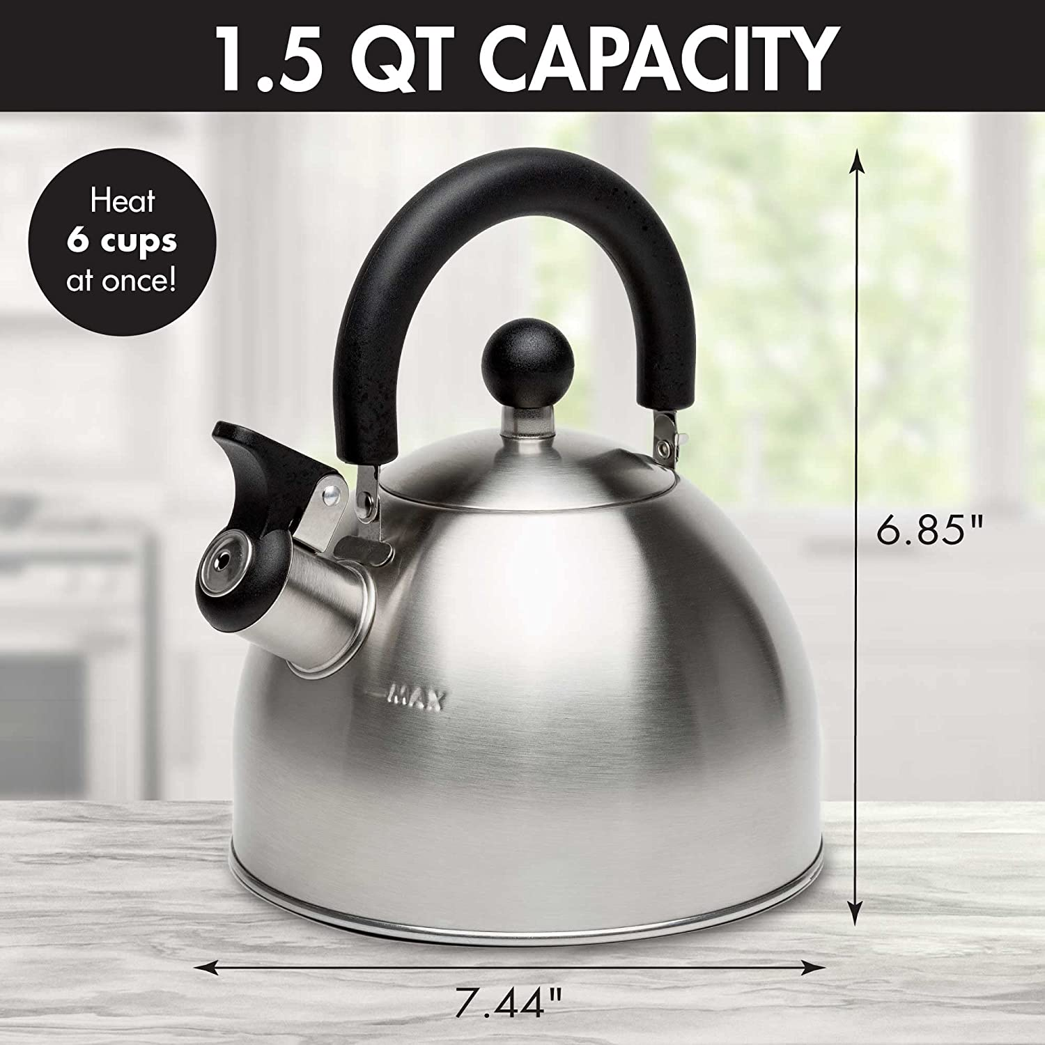 Primula Stewart Whistling Stovetop Tea Kettle Food Grade Stainless Steel, Hot Water Fast to Boil, Cool Touch Folding, 1.5-Quart, Brushed with Black Handle image number 6