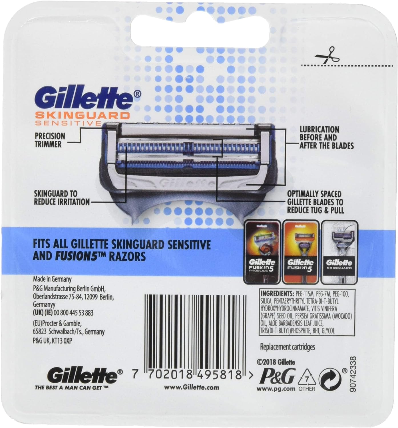 Gillette Skinguard Sensitive Razor Blades Men, Pack of 8 Razor Blade Refills with Precision Trimmer, Fits Fusion Handles image number 2