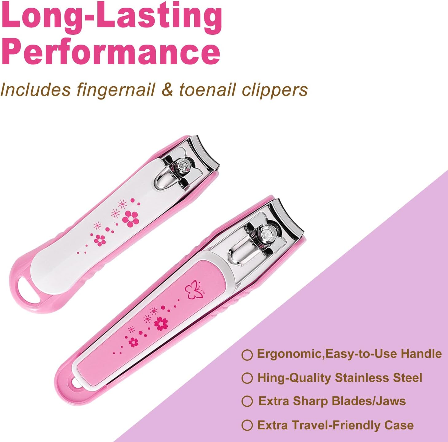 PAFASON Ultra Sharp Stainless Steel Nail Clipper Trimmer Cutter Set with Built-In Nail Catcher & Nail File 2 Pack Fingernail & Toenail Clippers for Men & Women - Pink image number 3