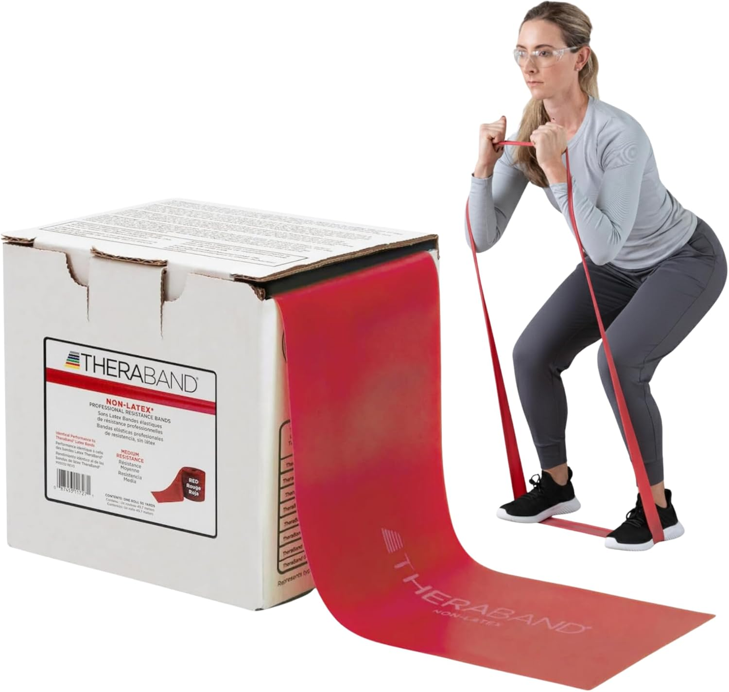Theraband Resistance Band 22M Roll, Medium Red Non-Latex Professional Elastic Bands for Upper & Lower Body Exercise Workouts, Physical Therapy, Pilates, & Rehab, Dispenser Box, Beginner Level 3 image number 2