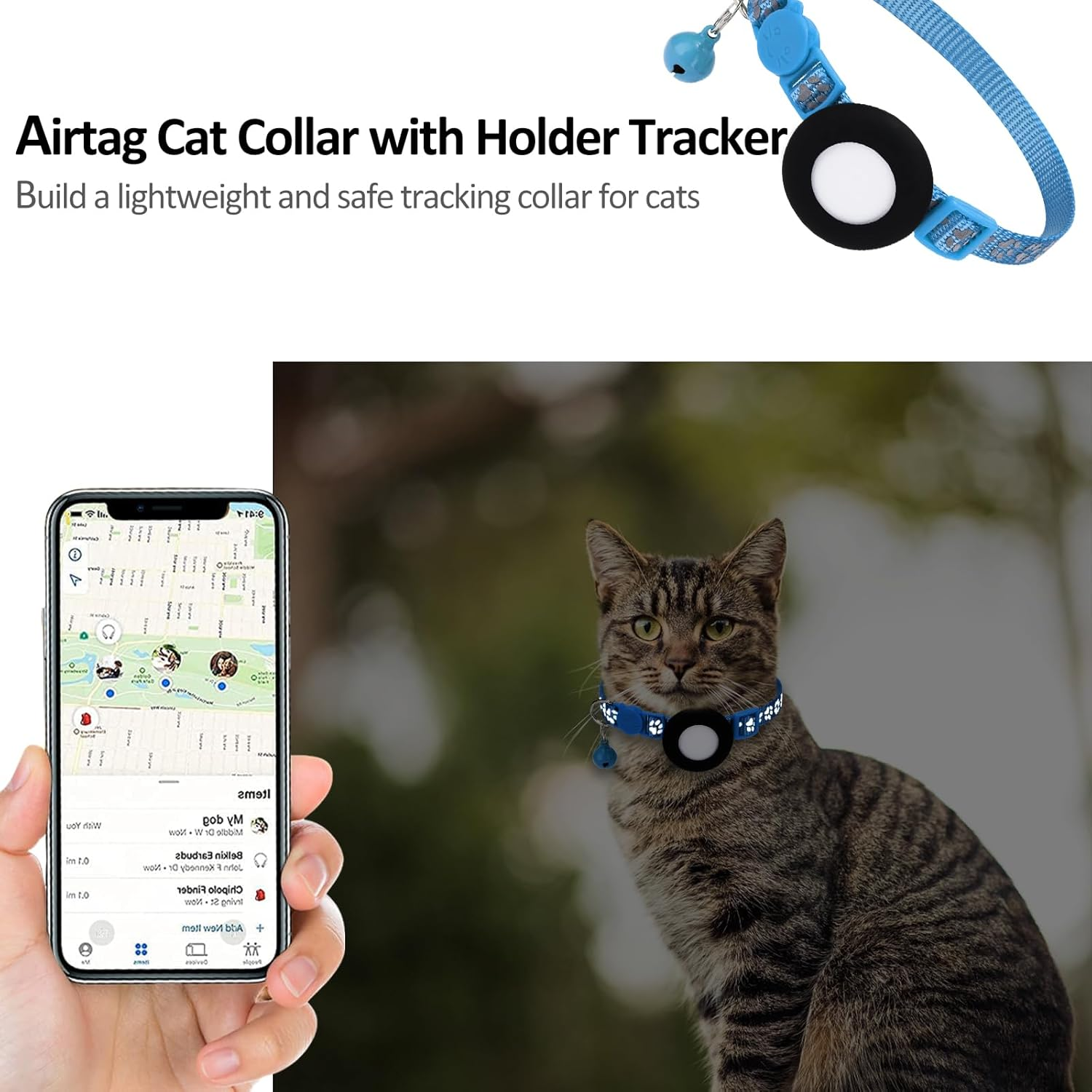 Airtag Cat Collar with Safety Buckle and Bell - Apple Air Tag Holder, Reflective 3/8" Width for Small Pets, Cats, Puppies, Kitten (Bluenew) image number 5