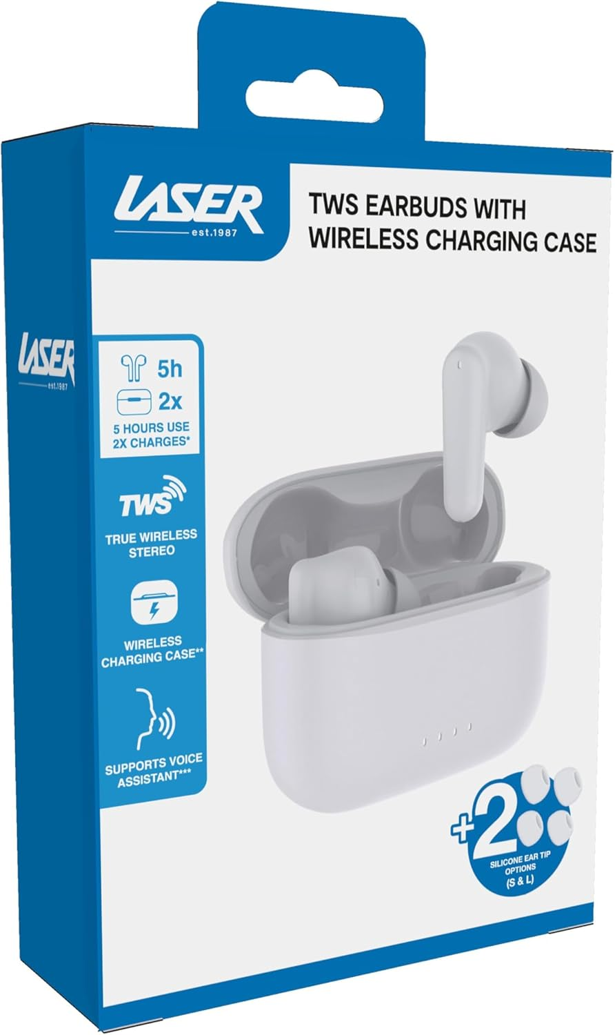 Laser TWS Earbuds with Wireless Charging Case White, Bluetooth, Earphone, Voice Assistant