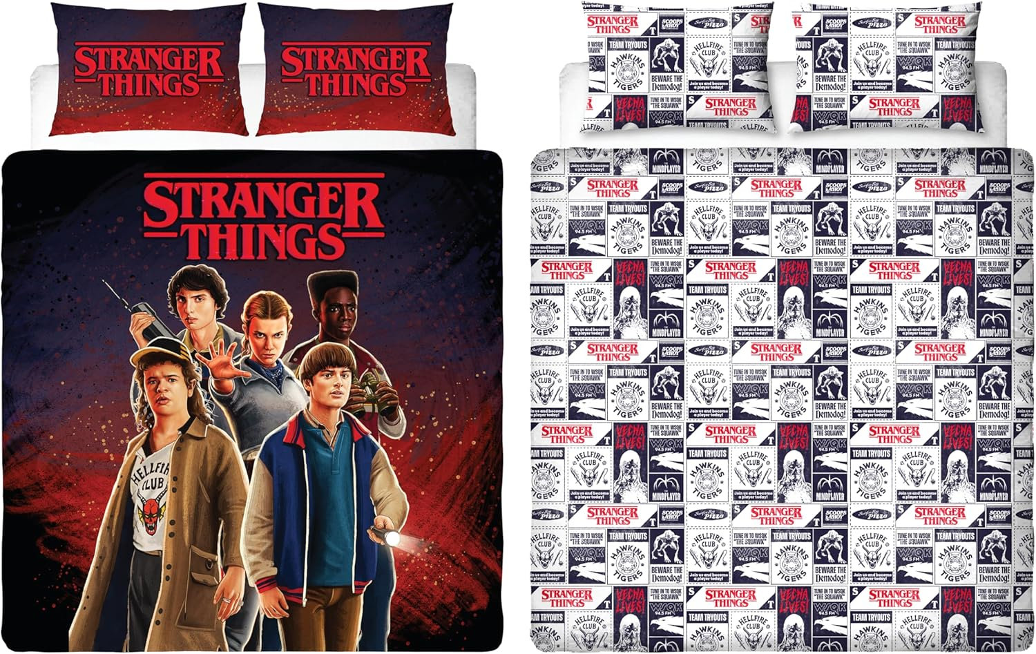 Stranger Things Official Single Duvet Cover | Gorgon Design, Reversible Easy Care Bedding 2 Sided Duvet Quilt Set with Matching Pillow Case, Multicolour Print with Hellfire Club, Hawkins Logos