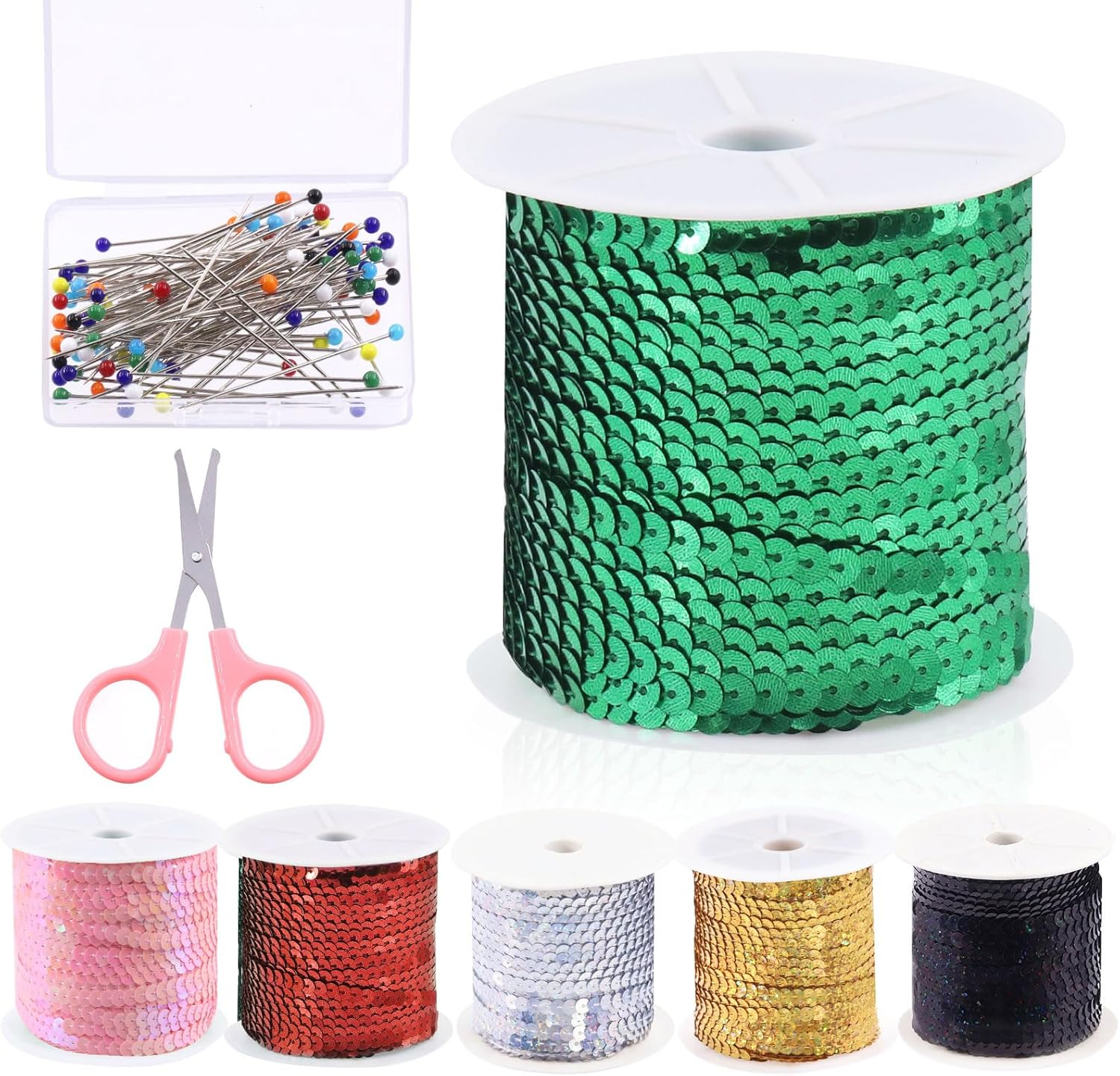 Swpeet 6Mm 100 Yard Black Flat Sequin Strip Teal Sequins Trim Paillette on a Roll and Map Push Pins with Scissors Assortment Kit, Fabric Metallic Stretch Teal Sequin Elastic Trim Embellishments