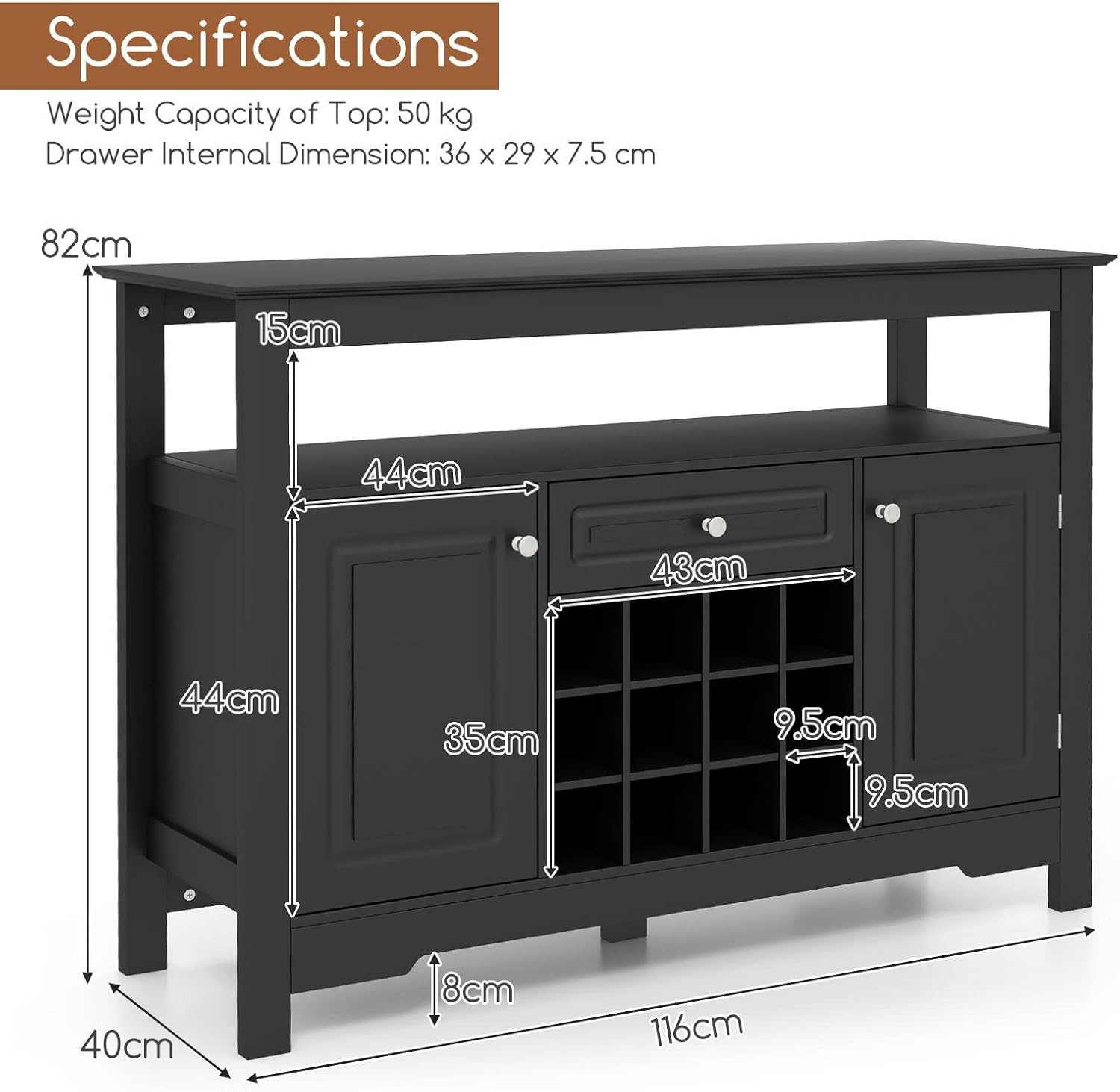 Costway Buffet Sideboard, Wine Liquor Coffee Bar Cabinet W/Removable Wine Rack, Floor Pantry Cupboard W/ 2 Doors & Drawer, Multipurpose Storage Cabinet TV Stand for Kitchen, Dining Room (Black) - White image number 4