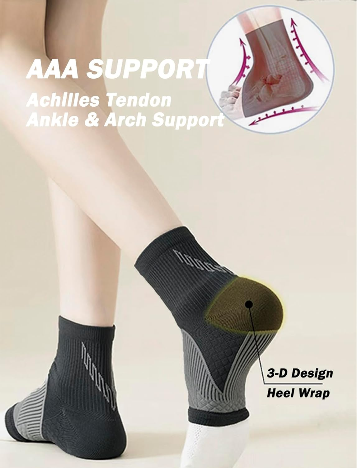 Rolxmed Ankle Support Brace Compression Sleeves for Plantar Fasciitis Neuropathy Relief Sport Socks for Men & Women (1Pair) (Black, L) image number 2