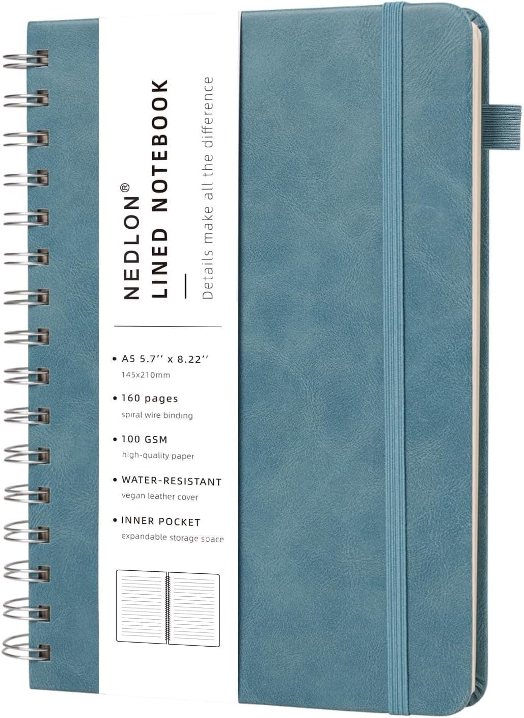 Lined Spiral Notebook Journal for Women Men 160 Pages A5 College Ruled Hardcover Leather with Pen Holder Notebook Journals for Note Taking Work (Black)