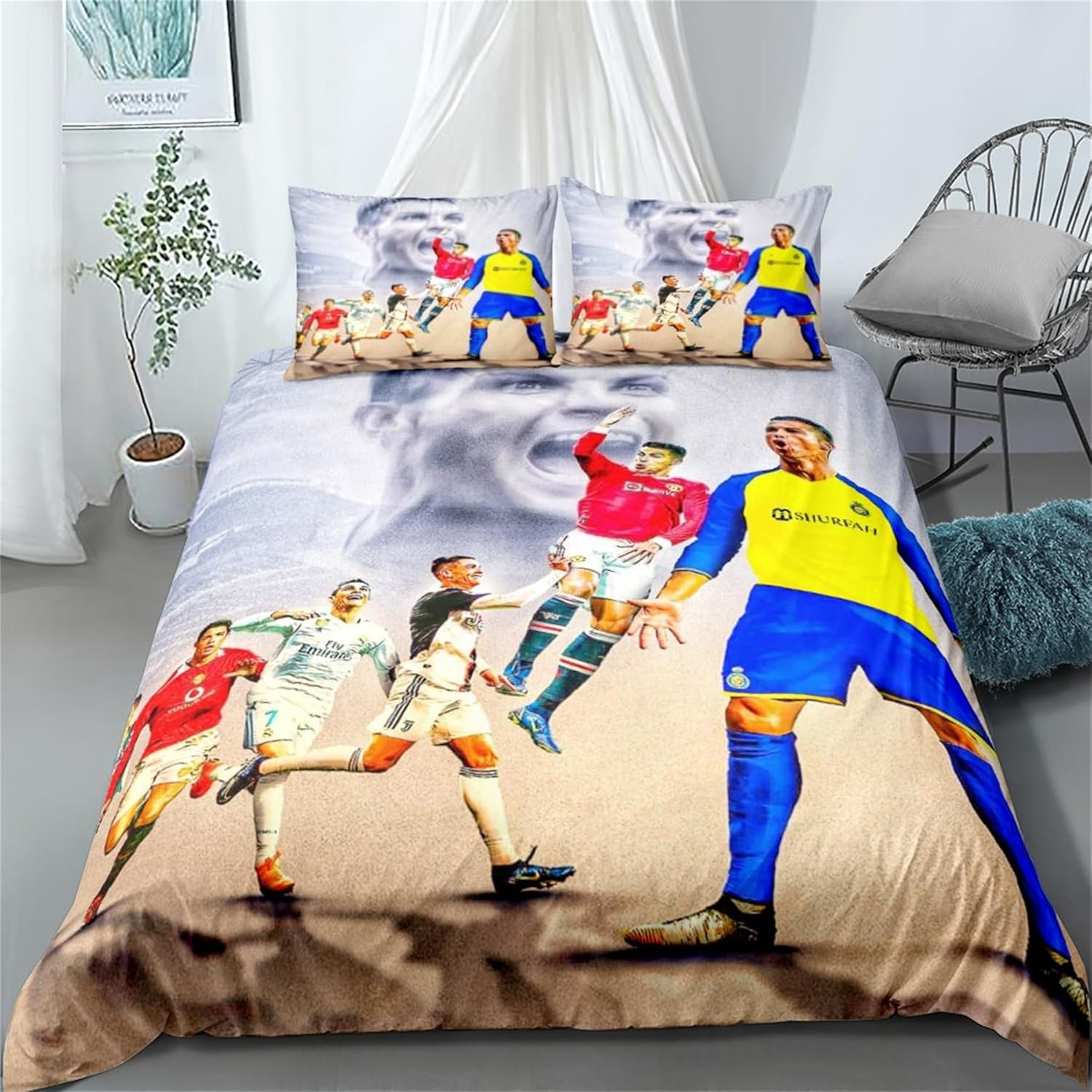 Cristiano Ronaldo Lightweight Duvet Cover Set 3Pcs Soft Breathable Quilt Cover Double Size Soccer Star CR7 Bedding Set for Teen