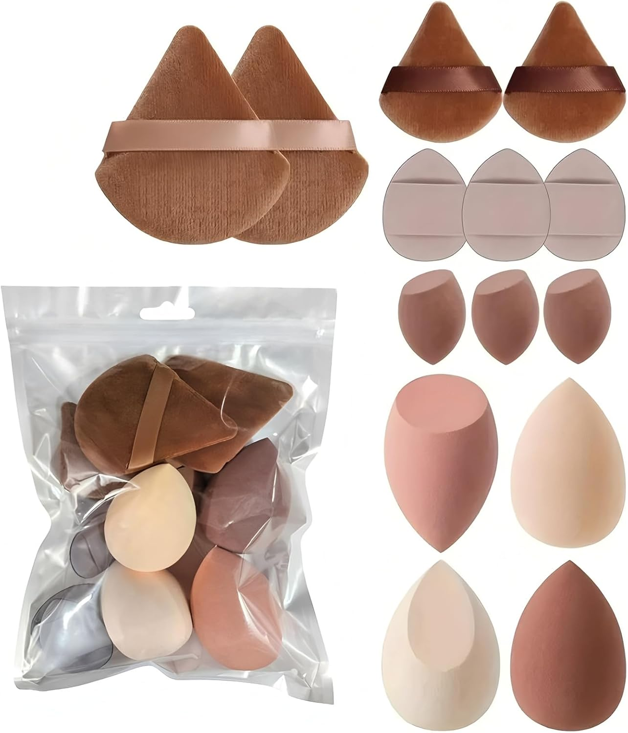 14 Pcs Makeup Sponge Set - Latex Free Blender Beauty Sponges for for Foundation, Liquid, Powder,Flawless Face Makeup Multi-Colored Foundation & Powder Applicators (Brown)