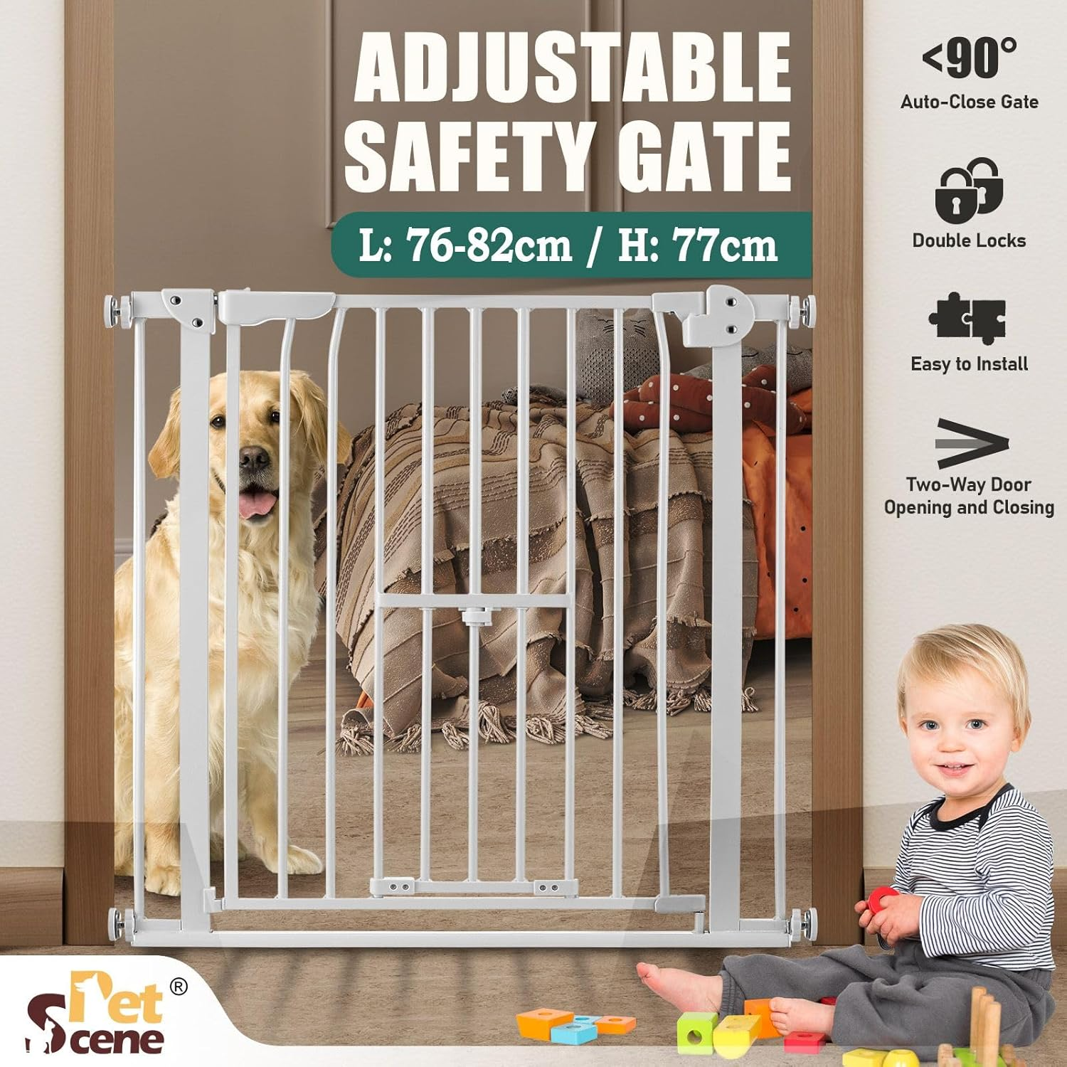 Pet Scene Dog Safety Gate 77Cm Tall Adjustable Pet Fence Barrier Security Guard Doorway Stairs Enclosure Low Containment System with Walk through Cat Door image number 2