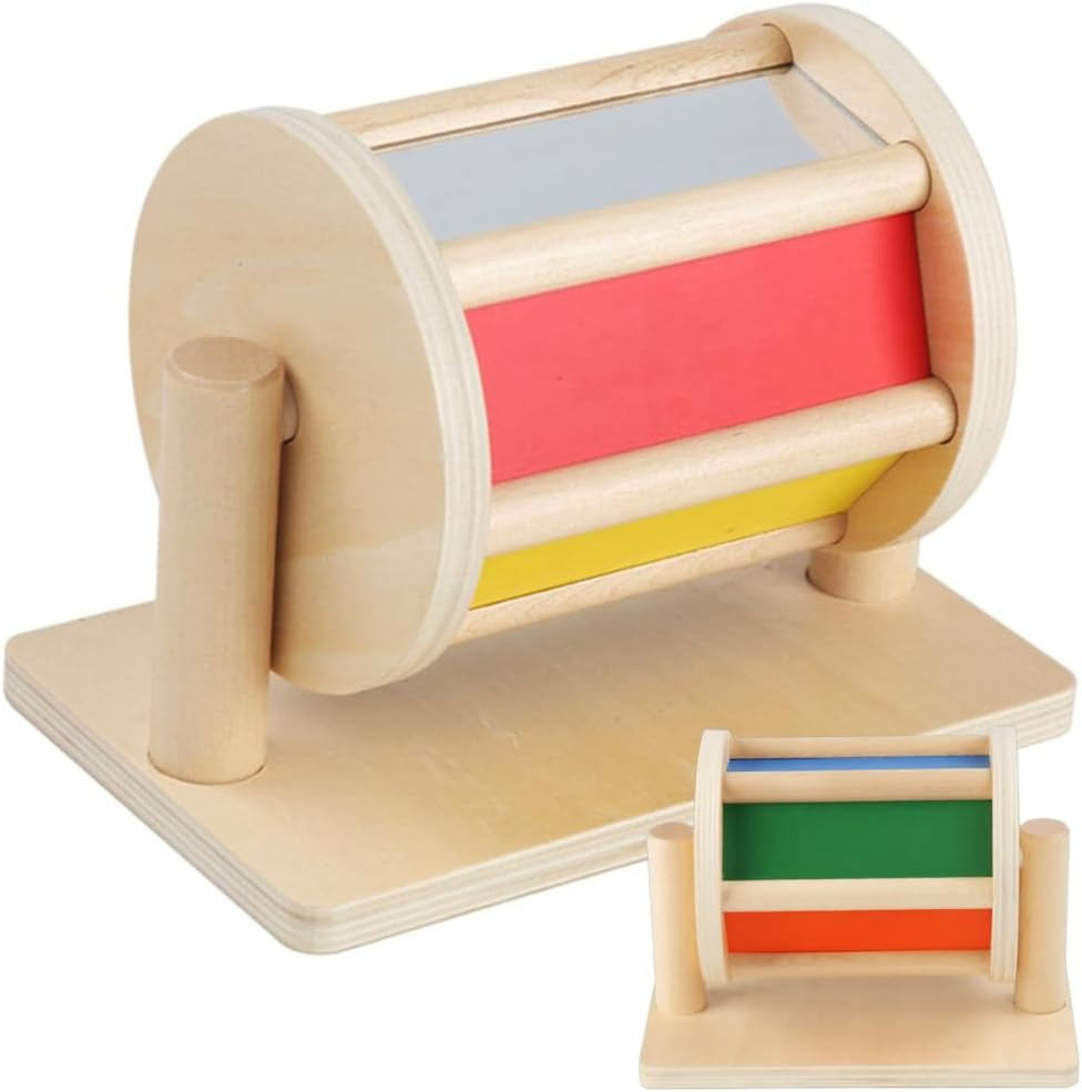 Montessori Spinning Drum,Spinning Drum for Babies 6M+,Safe Spinning Rainbow Baby Toy,Wooden Baby Spinner Toy,Lightweight Spinning Drum with Clear Mirror - 8.2X5.1X6.1 In image number 3