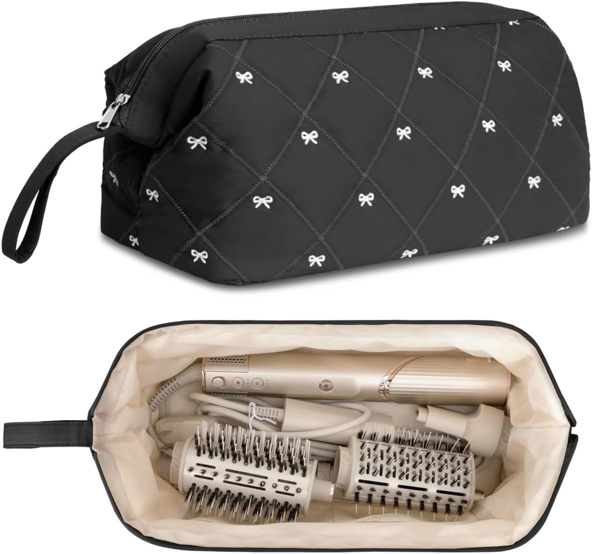 Linpr Shark Flex Style Case, Travel Hair Dryer Bag Compatible with Dyson Airwrap, Quilted Hair Tool Organizer Bag with Bow Pattern, Portable Carrying Case for Flat Curling Iron Accessories (Beige)