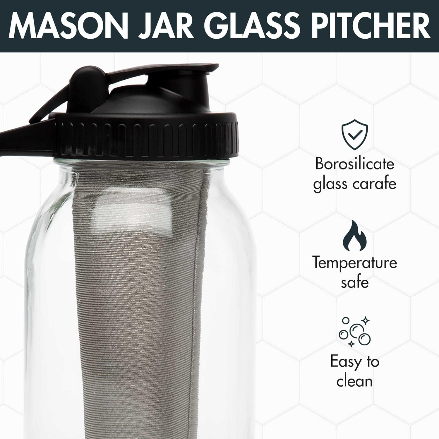Primula Mason Jar Cold Brew Iced Coffee Maker with Stainless Steel Filter and Easy Pour Lid, Durable Glass Pitcher Fits in Most Fridge Doors, Dishwasher Safe, Made without BPA, 2-Quart, Black image number 2