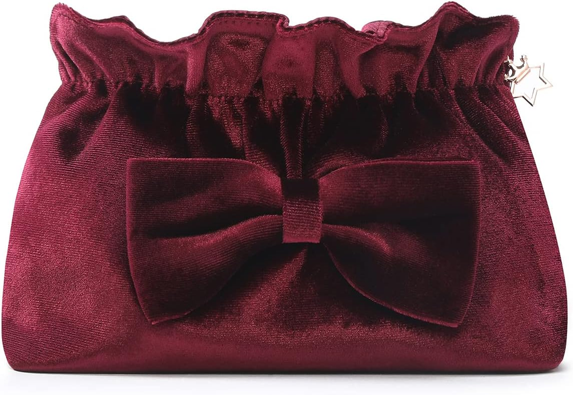 Lazy Drawstring Make up Bag Portable Travel Cosmetic Bag Makeup Pouch Storage Organiser Toiletry Bag for Women Girls Vanfn P.Travel Series (Bow-Blue Red)