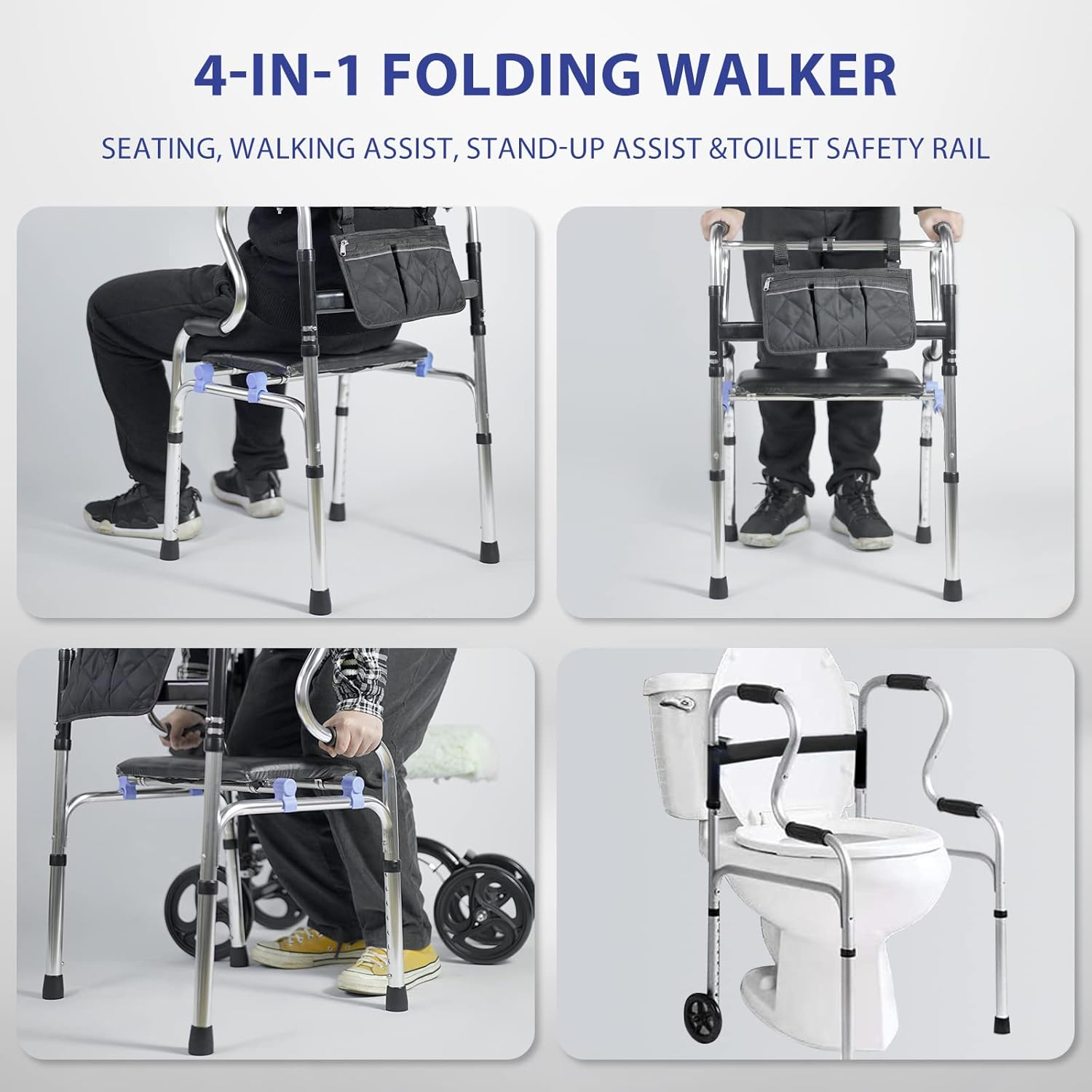 USOR 4-In-1 Stand-Assist Folding Walker with Detachable Seat, Folds for Easy Storage & Transport, 5" Wheels, Capacity 150KG, Can Be Used as Toilet Safety Rail, Silver, Aluminium, Senior/Elderly image number 6