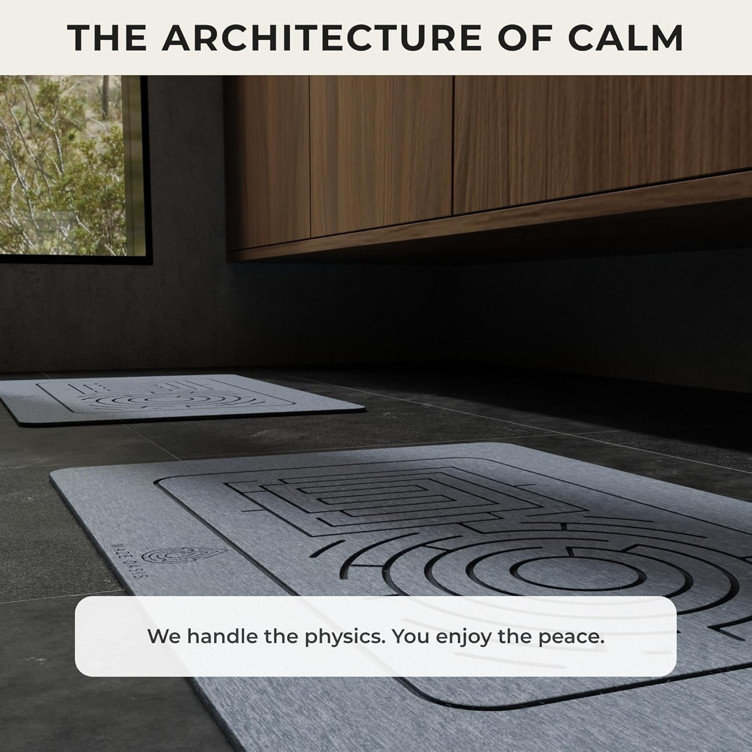 MAZE OASIS Stone Bath Mat Set (2 Pack) [Bath & Kitchen System] &ndash; Diatomaceous Earth Bathroom Mat & Stone Drying Mat for Kitchen Counter &ndash; Non Slip, Engraved Airflow &ndash; Serenity Ash image number 5