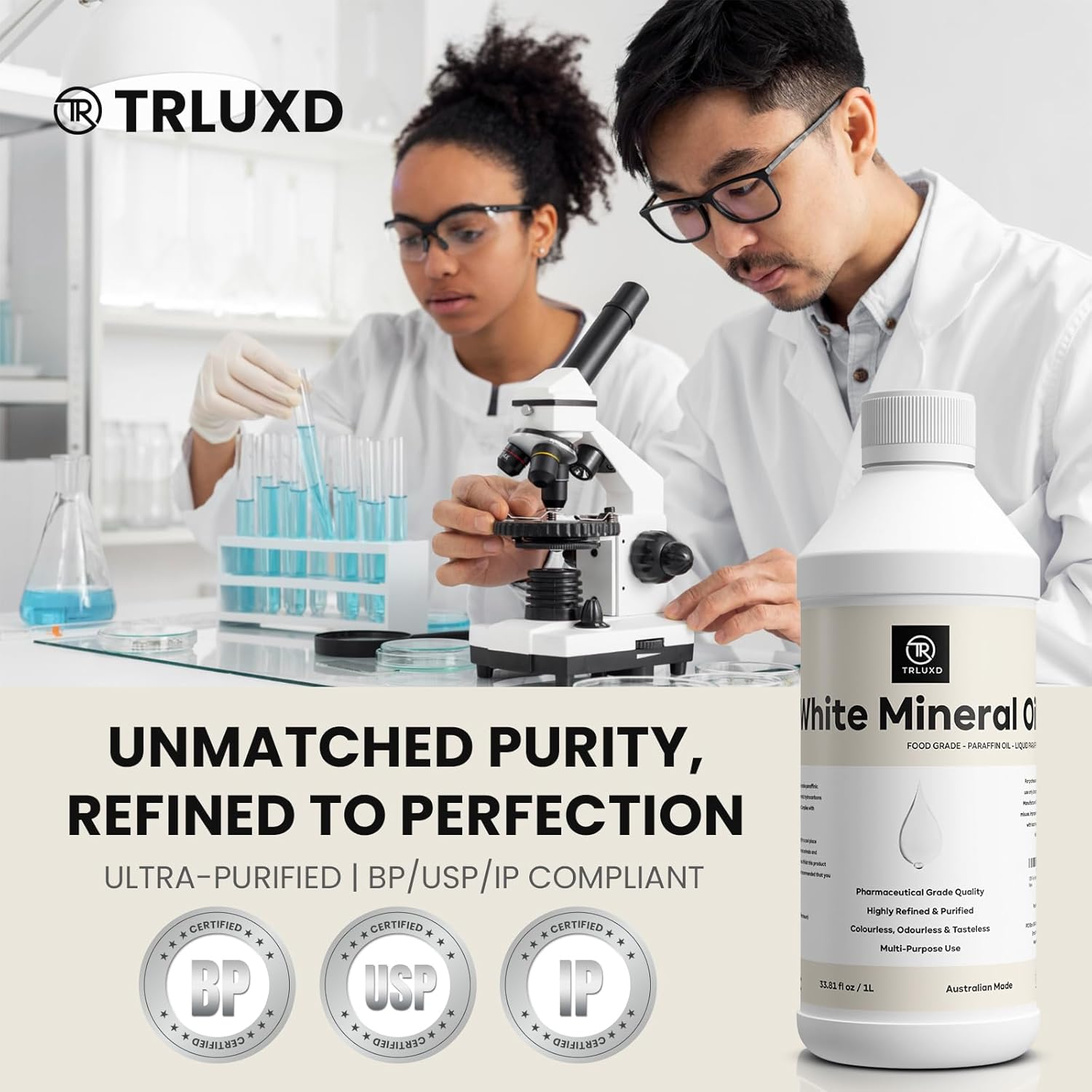 TRLUXD White Mineral Oil BP/USP 1L | Food & Pharmaceutical Grade | Odorless & Colorless | Multi-Purpose Use for Kitchen, Wood, Pets & More