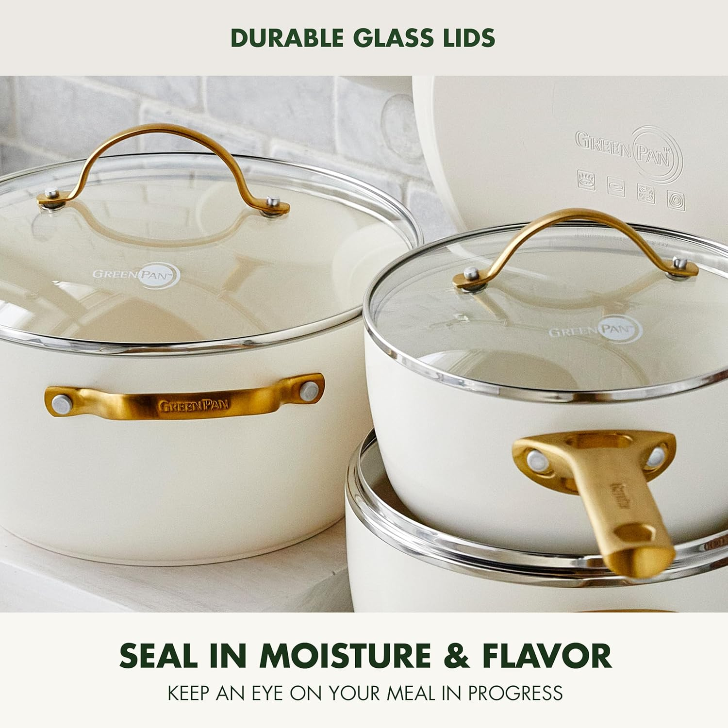 Greenpan Reserve Hard Anodized Healthy Ceramic Nonstick 10 Piece Cookware Pots and Pans Set, Gold Tone Stainless Steel Handle, Pfas-Free, Dishwasher Safe, Oven Safe, Cream White image number 3