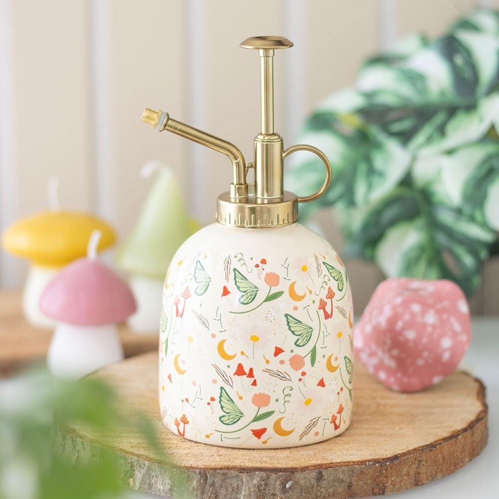 Fairy Folklore Decorative Plant Mister, Ceramic Bottle with Gold Metallic Sprayer, Floral Moon Print Design, Indoor Plant Care image number 3