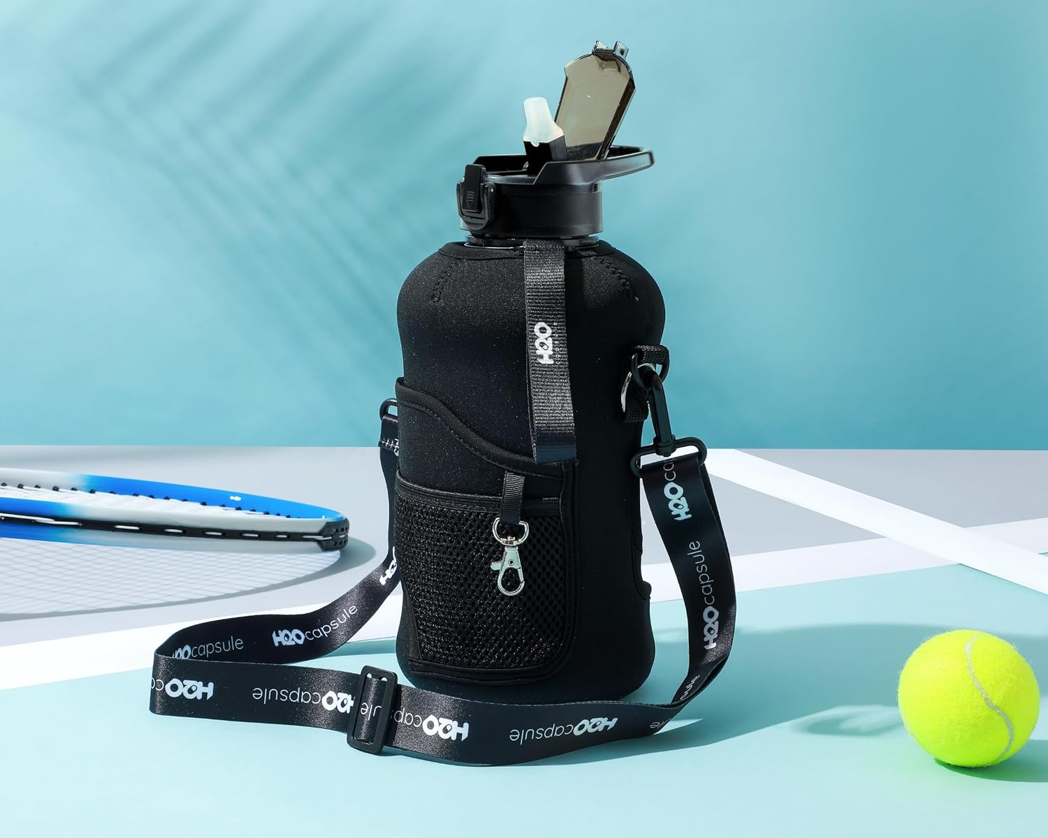 H2O Capsule 2.2L Half Gallon Water Bottle with Storage Sleeve and Removable Straw &ndash; BPA Free Large Reusable Drink Container with Handle - Big Sports Jug, 2.2 Liter (74 Ounce), Jet Black image number 4