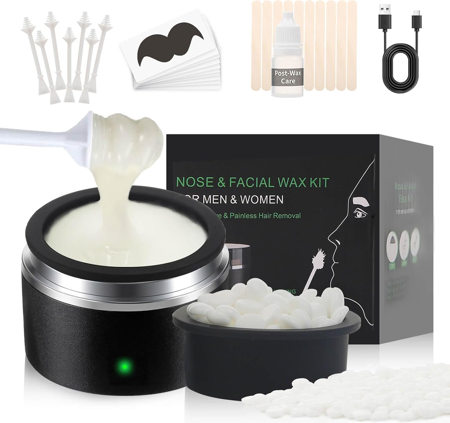 Waxfans Nose Wax Kit for Men - Ear Hair Wax Kit a Wax Warmer,A Silicone Bowl,100G Wax Beads,20 Applicators,Portable Nose Waxing Kit for Men & Women (Black) image number 6