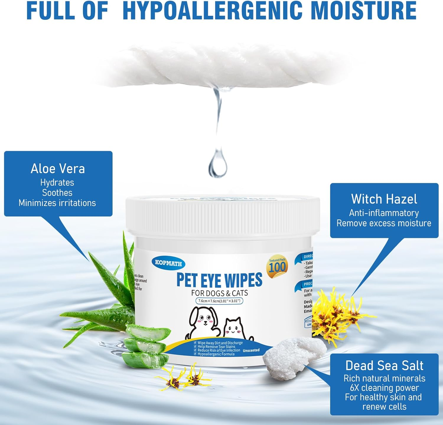 Kopmath Dog Eye Wipes, Tear Stain Wipes for Dogs, Big & Thick Cat Eye Wipes for Dogs, Mild Ingredient,Texturized & Presoaked Pet Eye Cleaner Pad for Discharge Crust Booger,100 Ct,Unscented image number 4