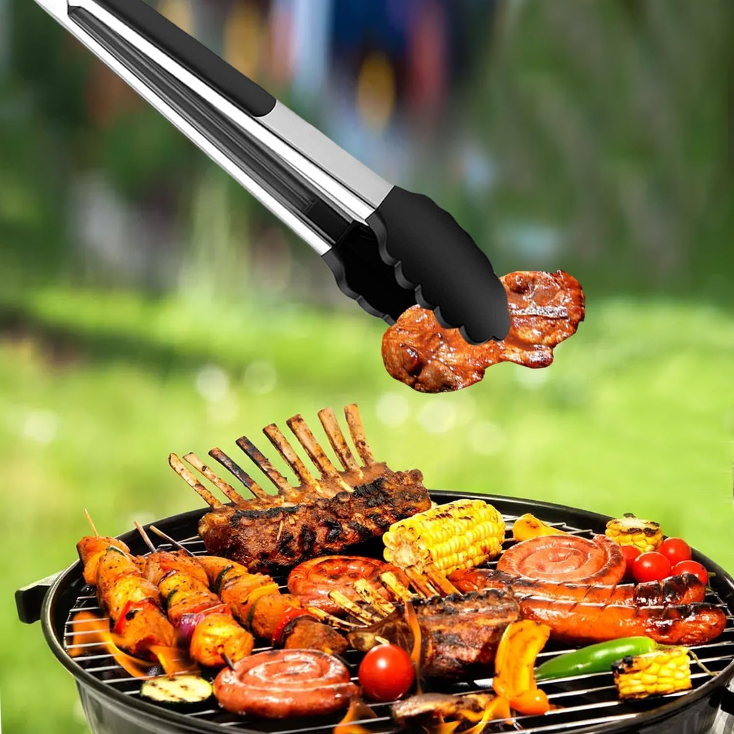 Premium Silicone Kitchen Tongs 12" & 9" Set of 2 Black BPA Free Lockable Stainless Steel for Grill Serving Cooking by ZOLOTI image number 5