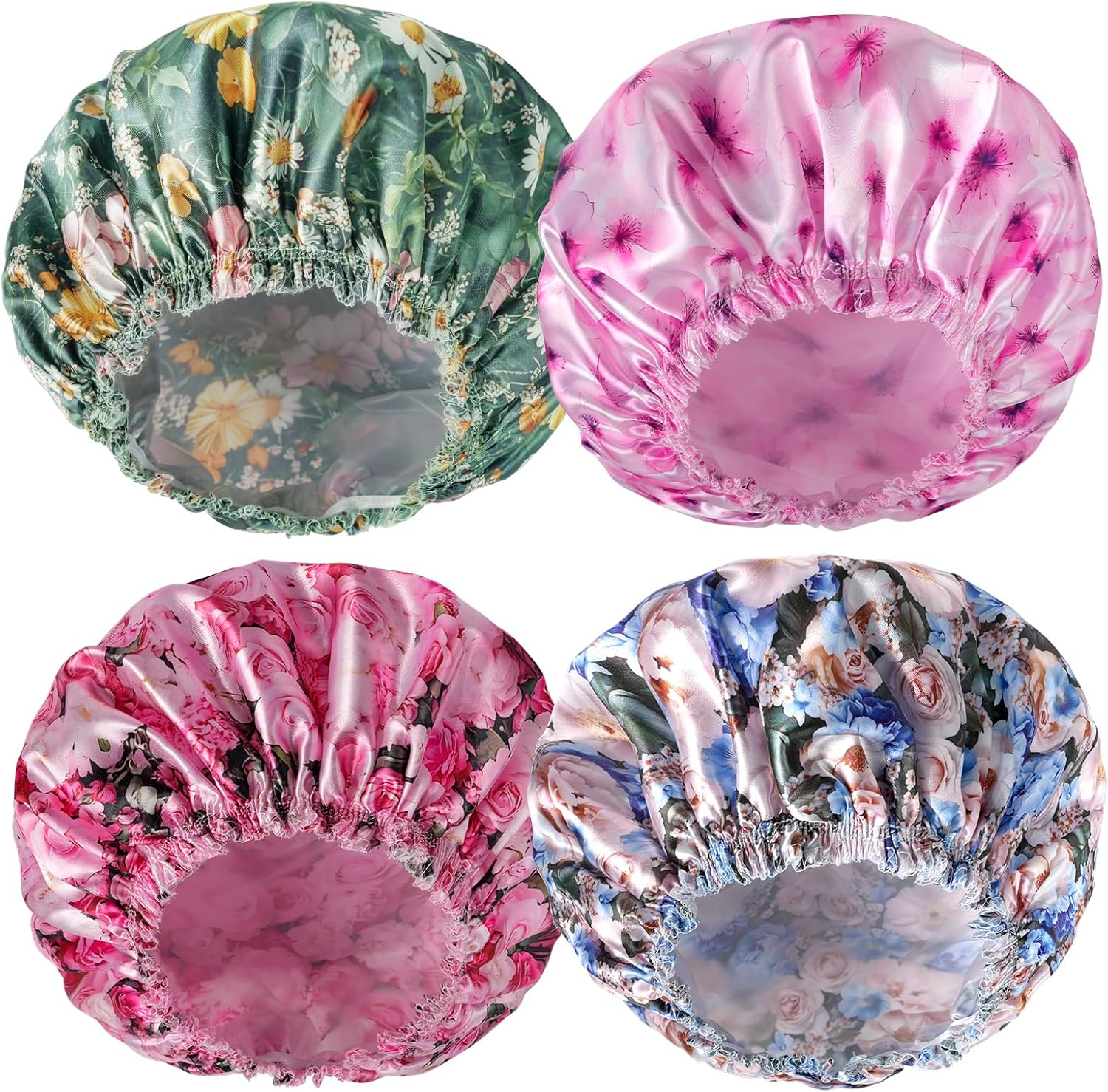 Shower Caps for Women, 4 PCS Elastic and Reusable Bath Caps, Double Waterproof Layers Shower Cap, Bathing Shower Caps, Environmental Protection Hair Bath Hat - Solid Color