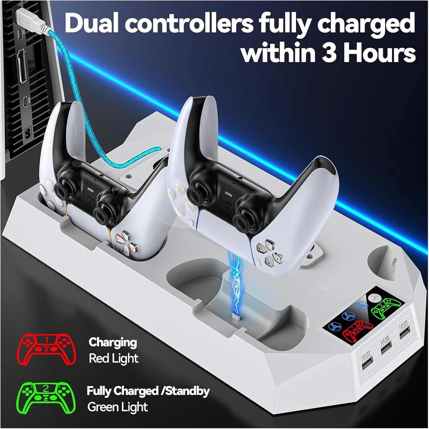 Cooling Stand for PS5/PS5 Slim, Charging Station for Playstation 5 Console, Dual Controller Charger, Turbofan with 3-Level Adjustable Cooling, 3 USB Hubs & Headset Holder (White)