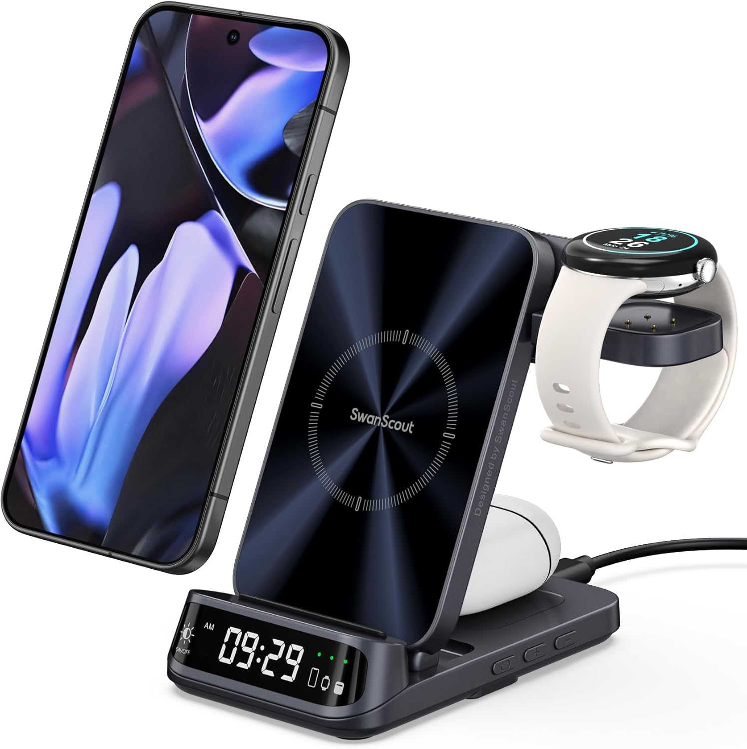 Wireless Charger for Pixel Watch 3/2 (Not for Pixel Watch 4/1), 3 in 1 Charging Station for Google 9 Pro Fold/9 Pro/9A/8/7/6/5, Swanscout 708G2 image number 5
