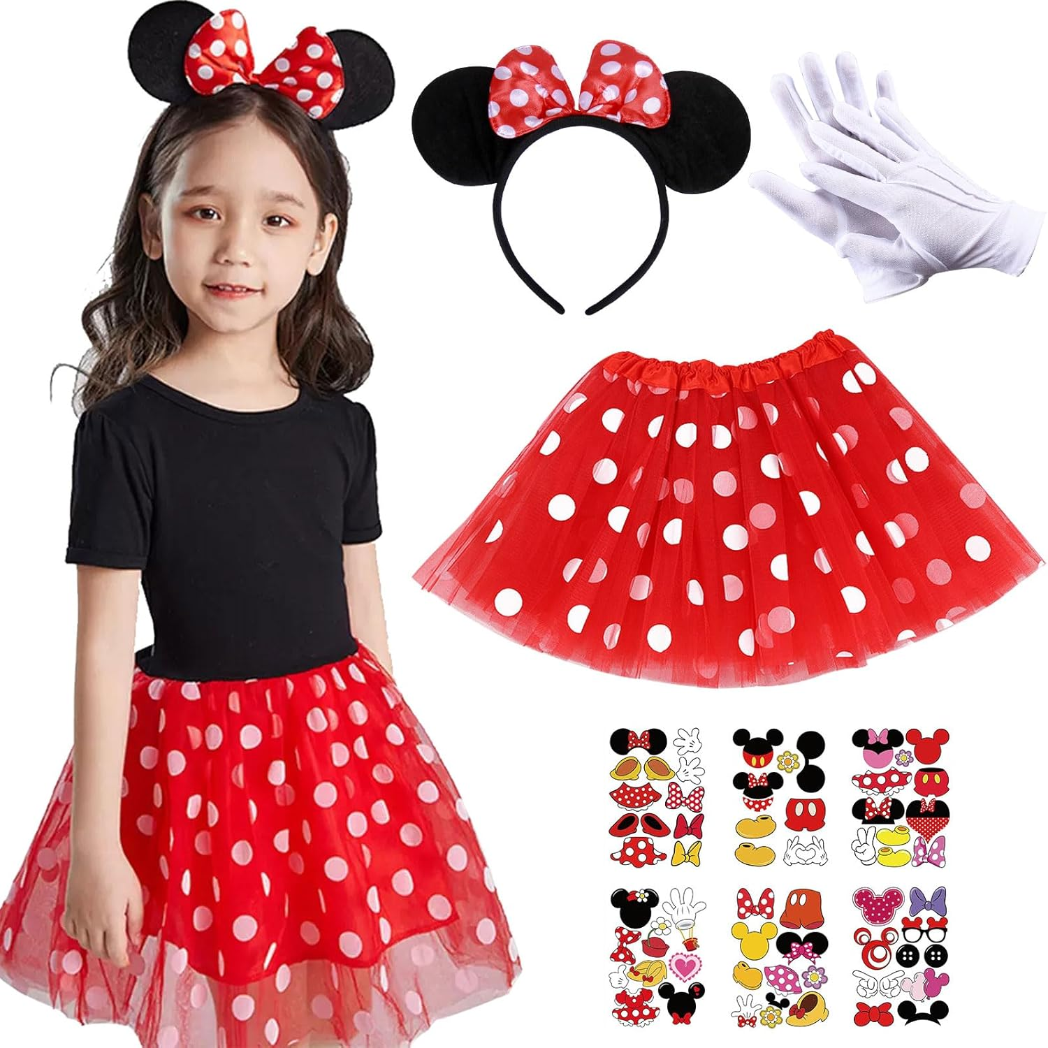 4Pcs Minnie Mouse Costume, Girls Mouse Halloween Costume, Mouse Dress up Outfits with Tutu Skirt, Mouse Ear Headwear, Gloves and Sticker, Halloween Xmas Carnival Princess Fancy Dress up for Kids image number 3