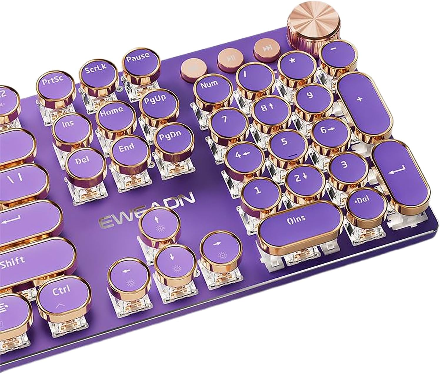 TISHLED Typewriter Style Mechanical Gaming Keyboard White LED Backlit 104-Key NKRO Pink Switches Retro round Keycaps Golden Ring Volume Knob Metal Panel Wired USB-C Detachable Cable, Purple