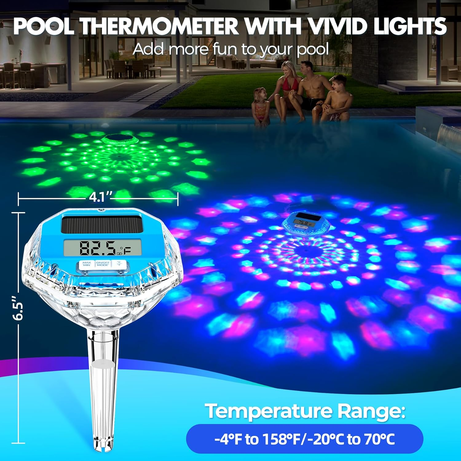 2025 Upgrade Digital Pool Thermometer Floating Easy Read, Solar Pool Thermometer with Dynamic Light Show, Large LCD Screen & IP68 Waterproof Pools Water Temperature Thermometers for Hot Tub image number 1