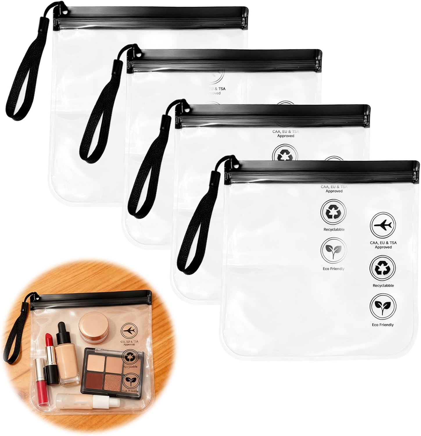 AIAOO Airport Security Compliant Clear Reusable Travel Toiletry Bag 4 Pack Black 20X20Cm Leakproof Waterproof Transparent Cosmetic Organizer Pouch for Men Women Airline Carry-On Luggage image number 2