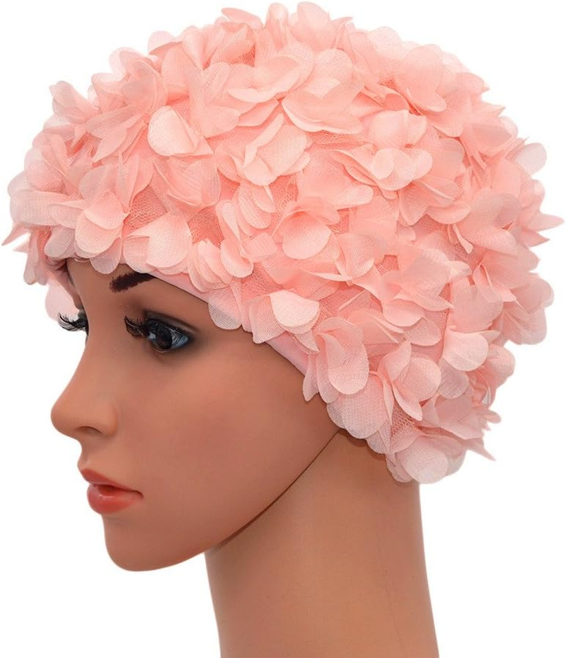 Lace Vintage Swim Cap Floral Petal Retro Style Bathing Caps for Women Rose - Black image number 6
