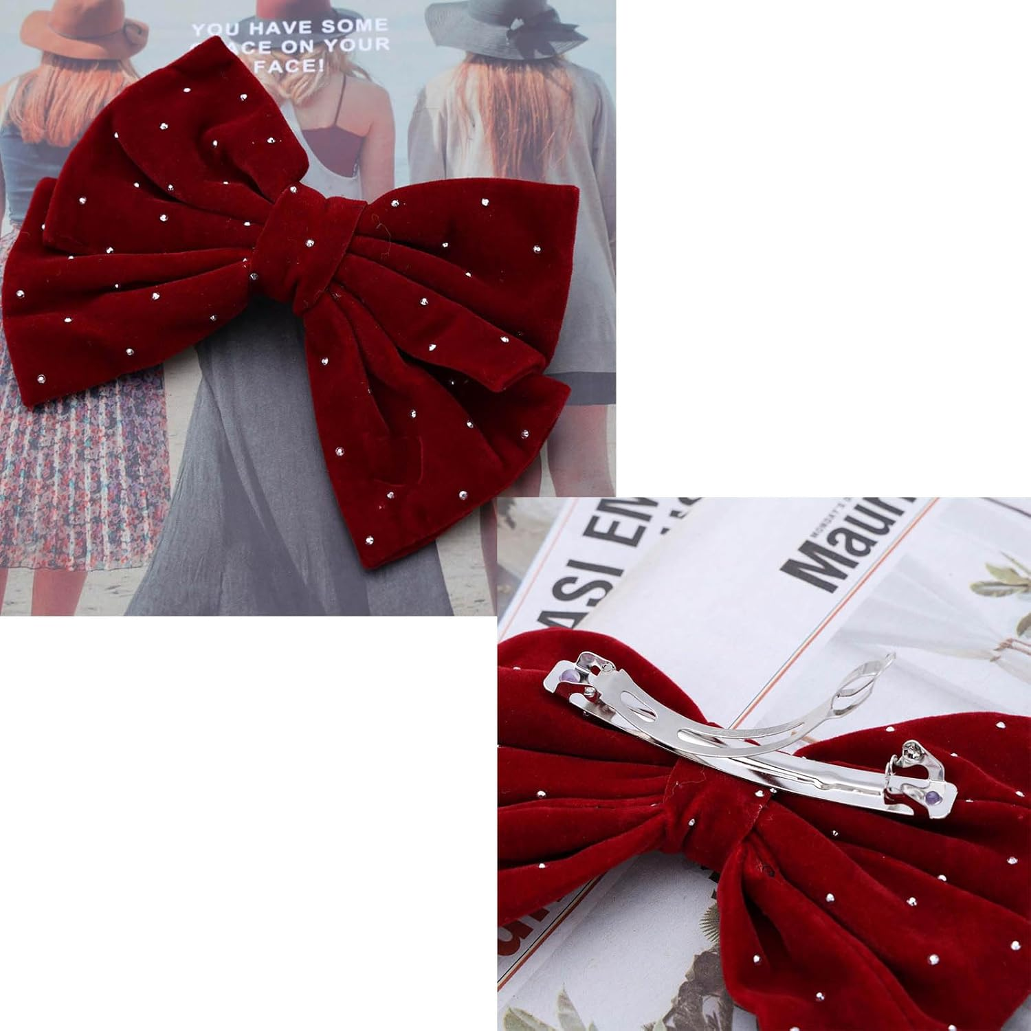 Red Hair Bows for Women Velvet Bow Hair Clips Glitter Crystal Bow Clips Cute Hair Bow Clips French Hair Band Bow Rhinestone Bows Party Prom Wedding Bow Clip image number 4