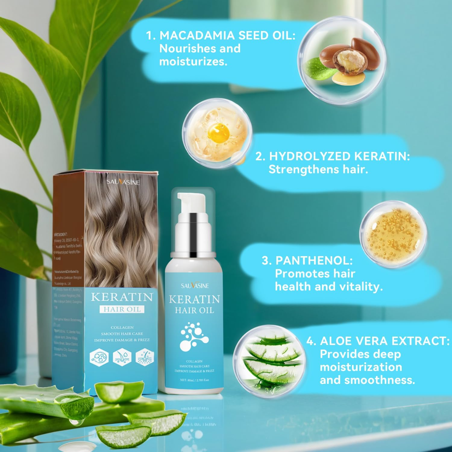 Keratin Hair Oil, Anti-Frizz Treatment, Nourishing Smooth Hair Care with Collagen image number 3