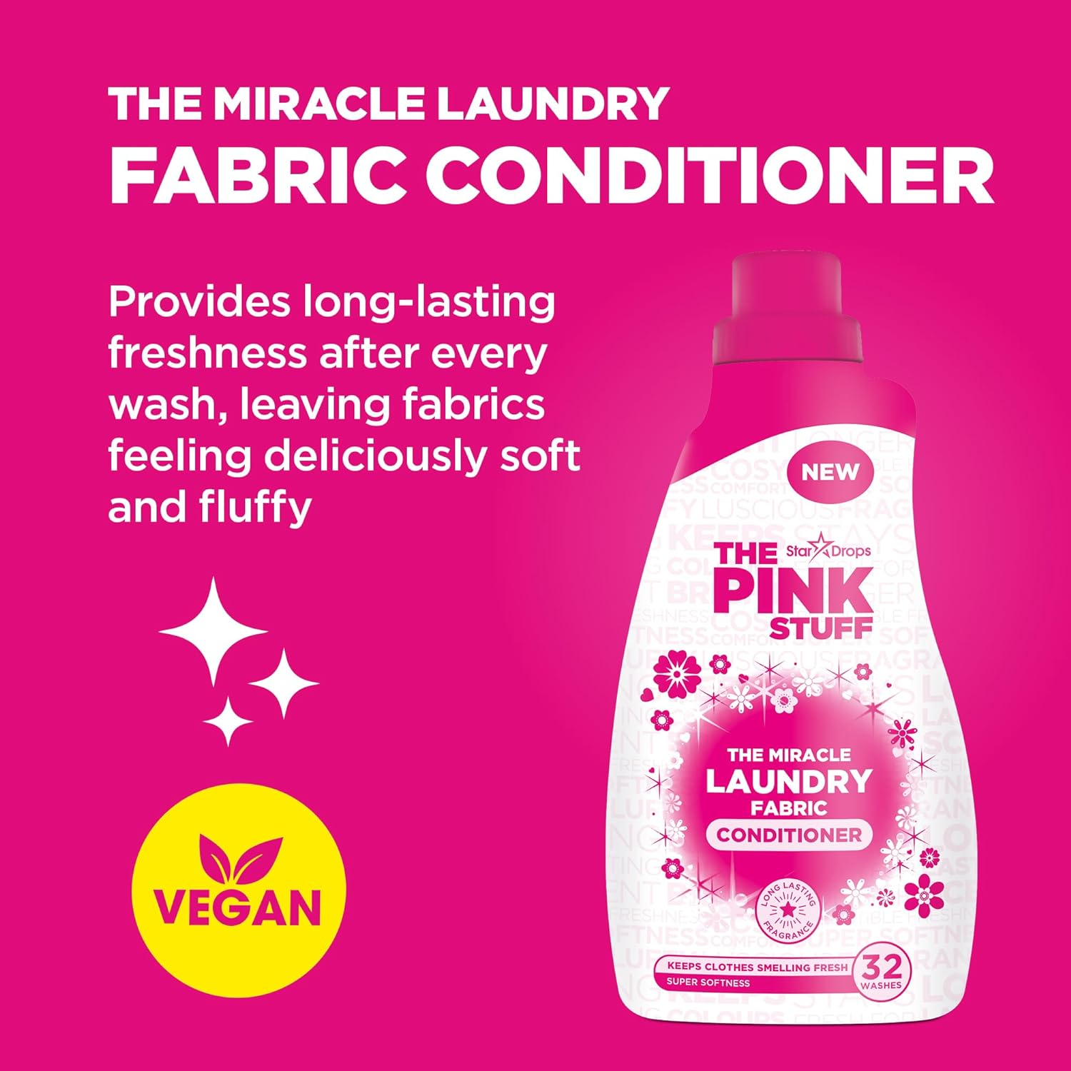 The Pink Stuff Miracle Laundry Fabric Conditioner (960Ml) - Vegan Friendly, Rhubarb Scented Fabric Softener for Soft, Fluffy Clothes