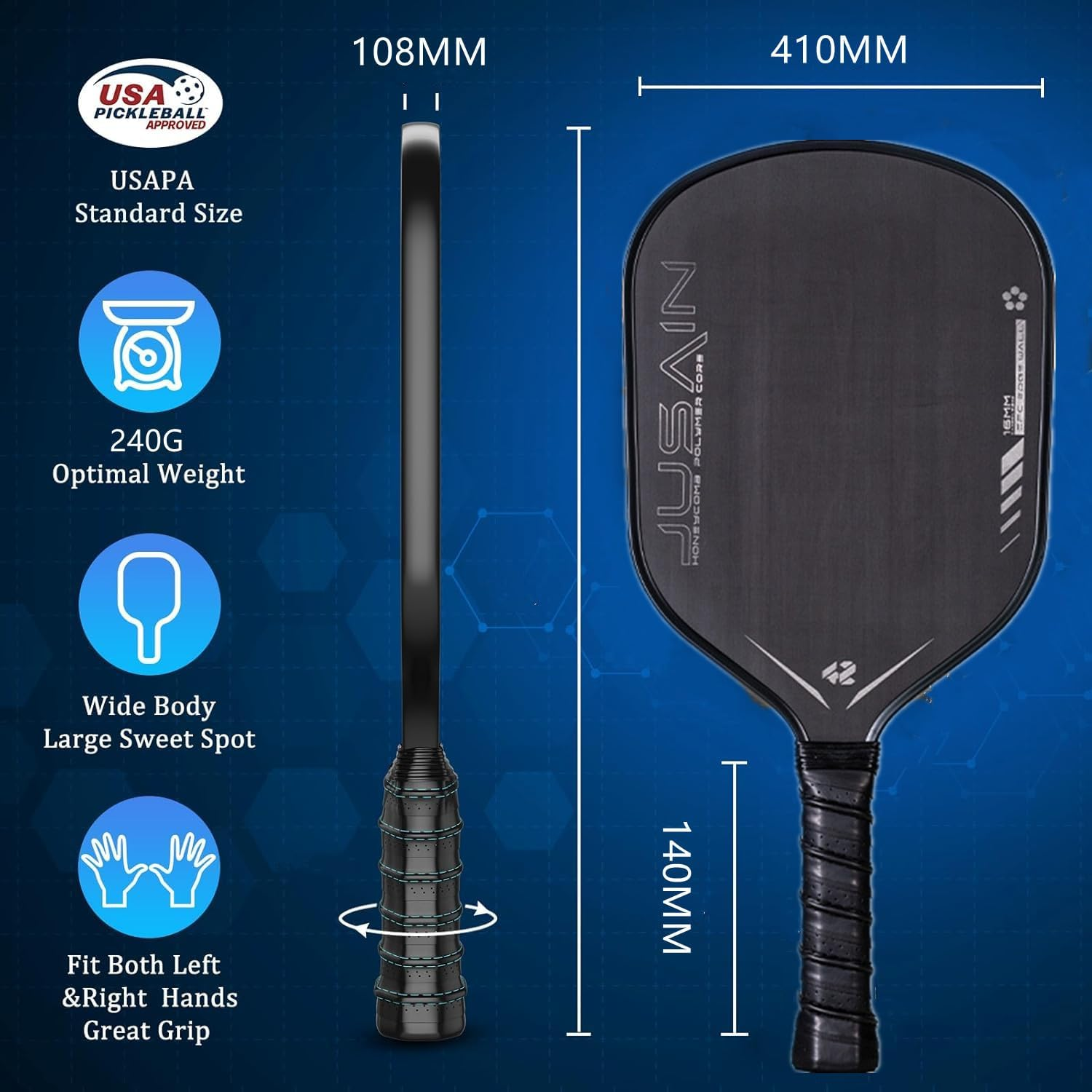 Pickleball Paddle - Carbon Fiber Pickleball Paddles - USAPA Approved -16MM Polypropylene Honeycomb Core-Increased Power and Spin for Ultimate Spin & Consistency for Novice and Pro image number 3