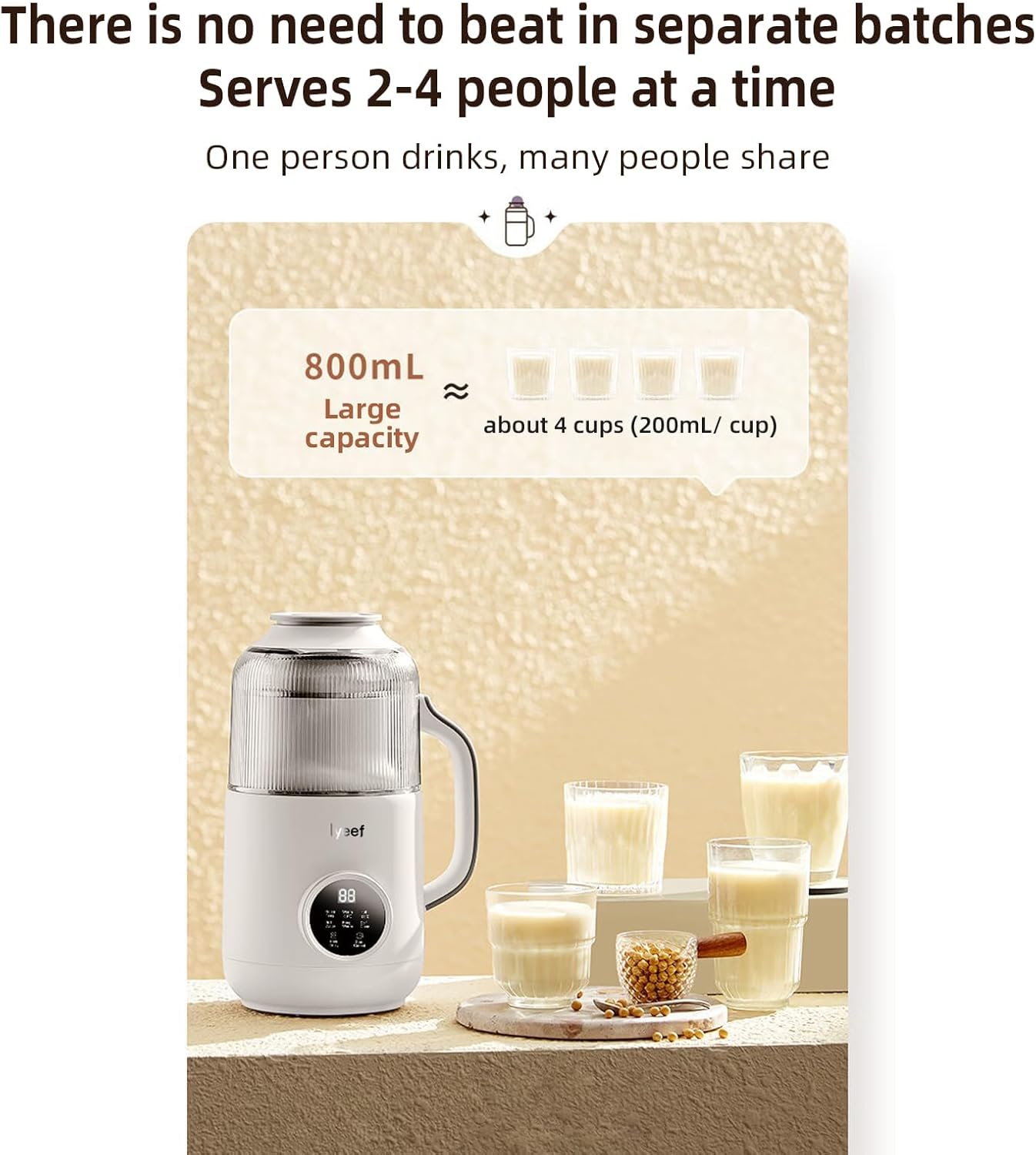 Nut Milk Maker, Lyeef 800Ml Automatic Soy Milk Maker, Almond, Coconut, Oat, Soy, Purees, Plant-Based Milk Maker Machine, 12H Reservation, Low Noise, Touch Screen,Self-Clean Juicer image number 4