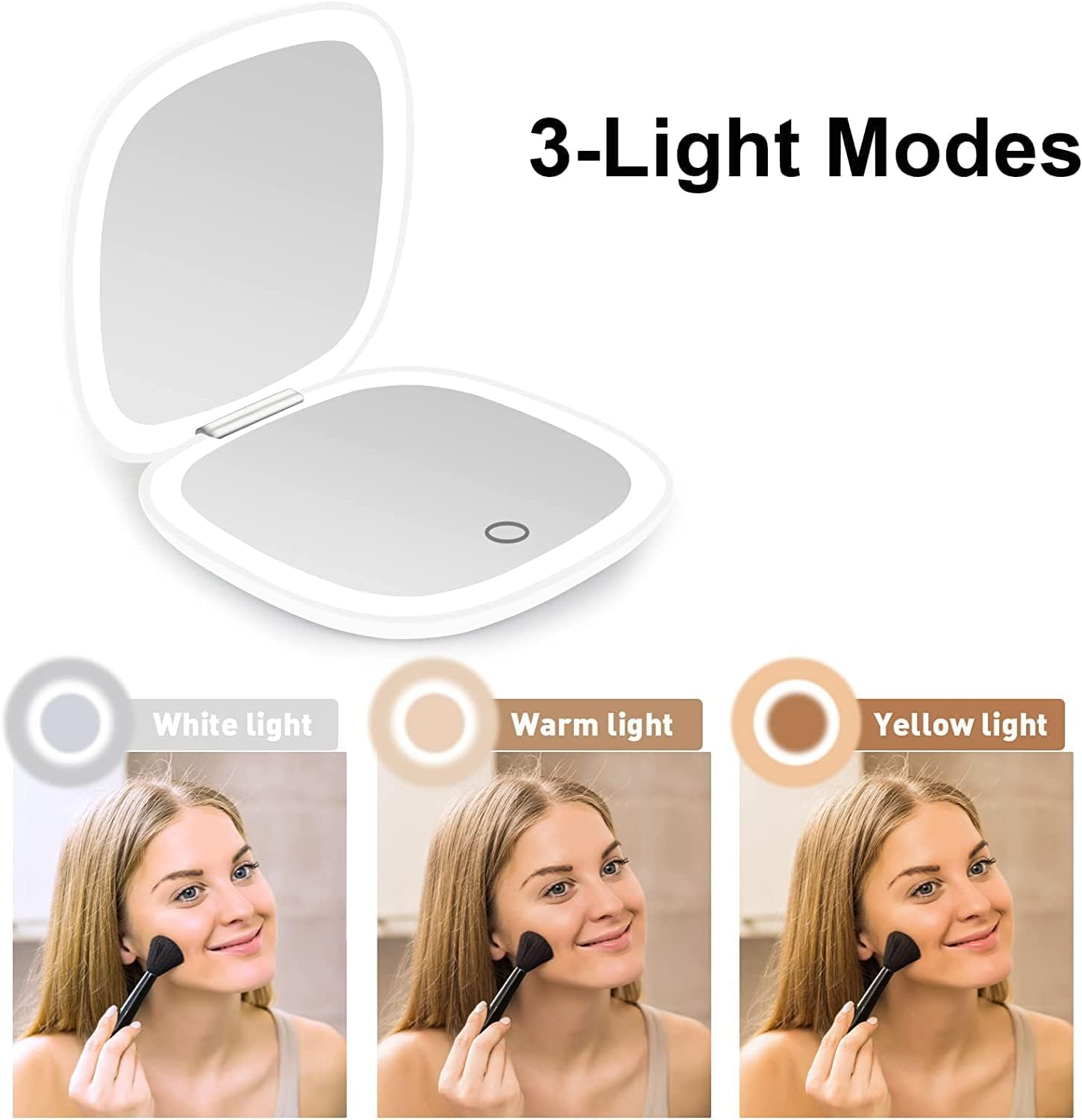 YUKAIONE Rechargeable LED Makeup Mirror, Compact Travel Mirror with 1X/10X Magnification, 3 Color Lights, Mini Magnetic Pocket Mirror for Women(White)