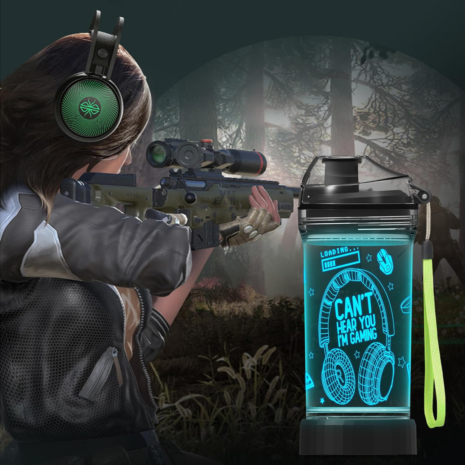 Gamer Water Bottle, Light up 3D Headphone Design, 14Oz Tritan BPA Free - for Boys Girls- Kids Drinking Cup - Christmas Holiday image number 2