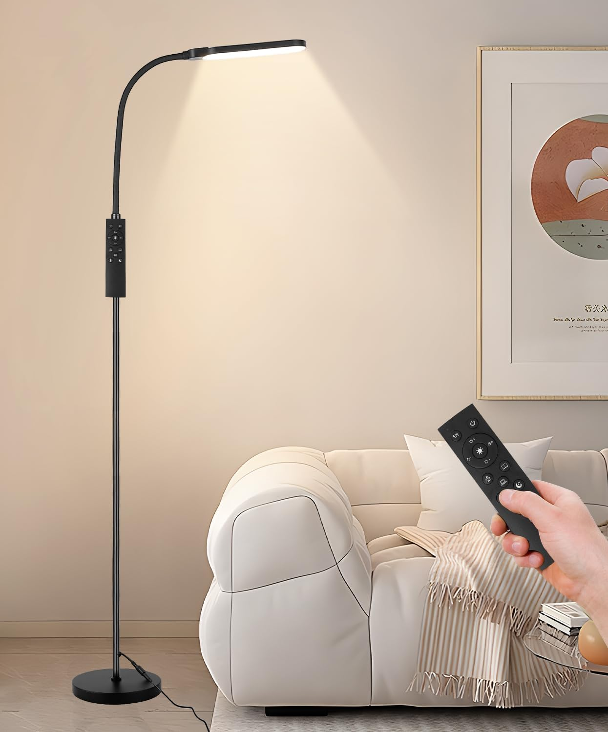Bright LED Floor Lamp for Living Room, 15W 1000LM Gooseneck Reading Light with Remote& Touch Control, Adjustable 2000K-6000K Colors& Brightness,1H Timer, Modern Standing Lamp for Bedroom Office