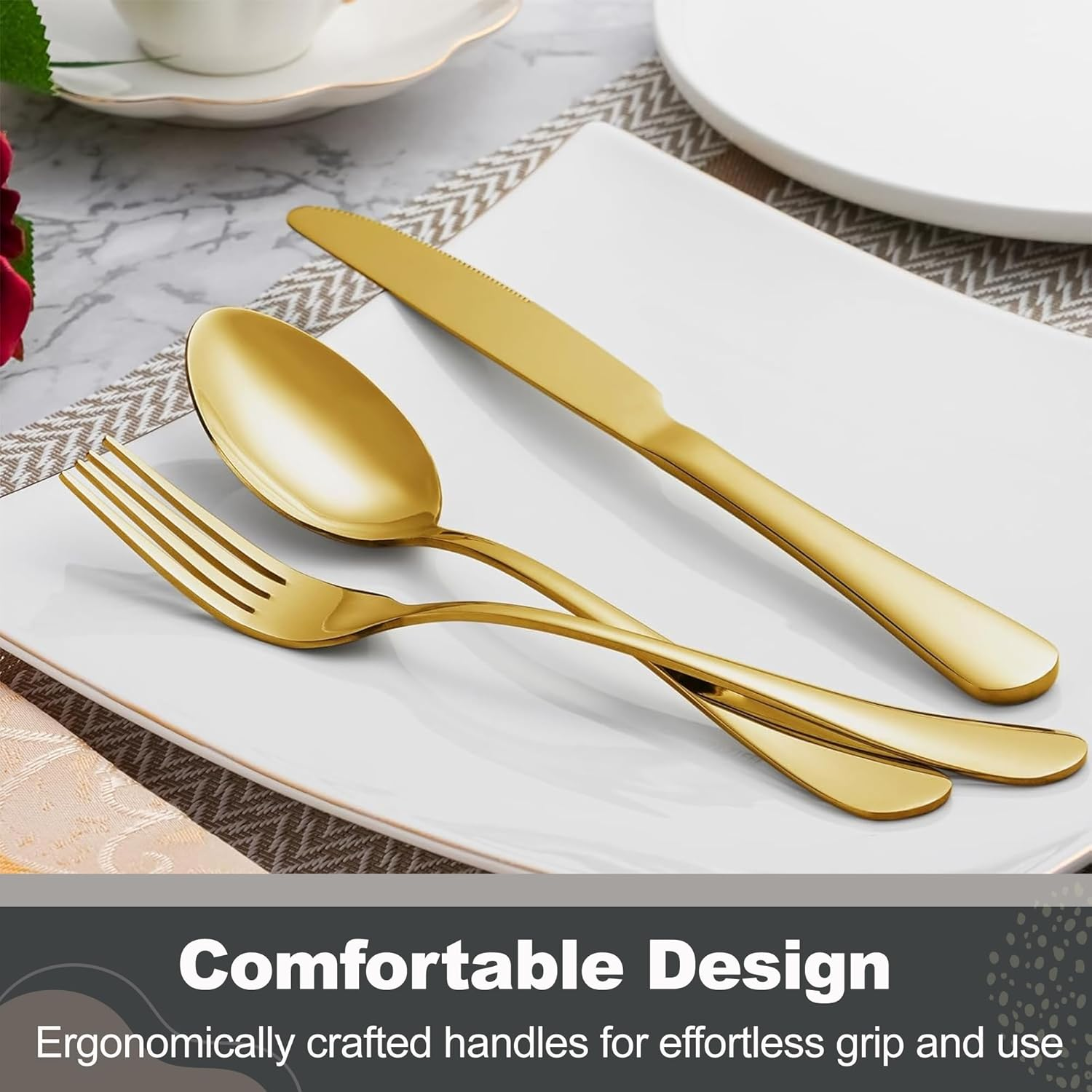 SHEUMNT Gold Silverware Set, Mirror Polish 40-Piece Stainless Steel Flatware Set,Kitchen Utensil Set Service for 8,Tableware Cutlery Set for Home and Restaurant, Dishwasher Safe